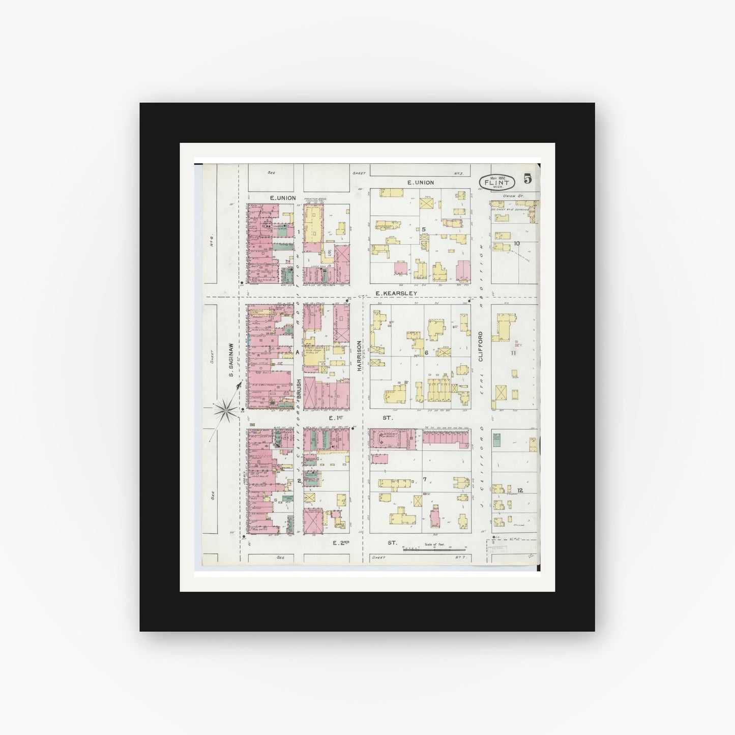 Old map wall art mockup — black gallery frame with white mat — Sanborn Fire Insurance Map from Flint, Genesee County, Michigan (1892), Sheet #0005