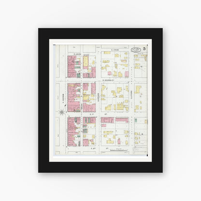 Old map wall art mockup — black gallery frame with white mat — Sanborn Fire Insurance Map from Flint, Genesee County, Michigan (1892), Sheet #0005