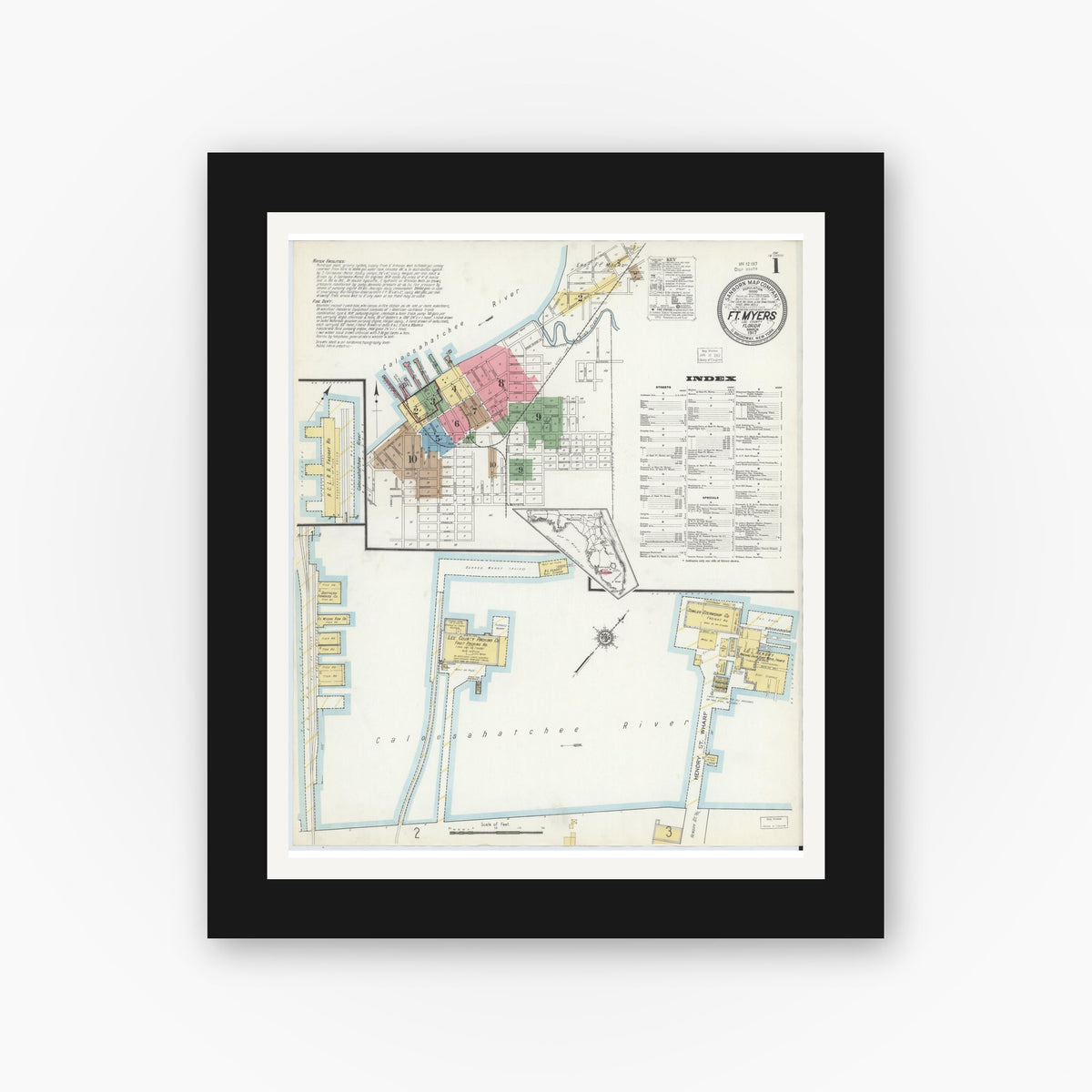 Old map wall art mockup — black gallery frame with white mat — Sanborn Fire Insurance Map from Fort Myers, Lee County, Florida (1917) - Complete Map Set