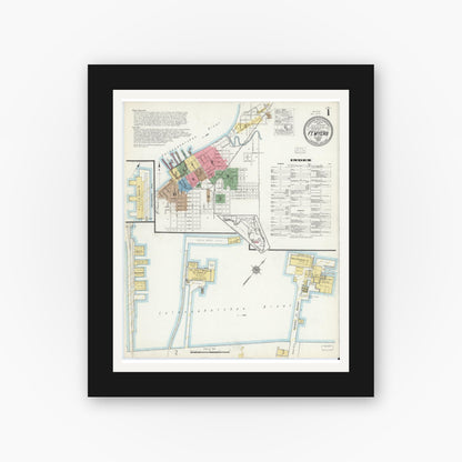 Old map wall art mockup — black gallery frame with white mat — Sanborn Fire Insurance Map from Fort Myers, Lee County, Florida (1917) - Complete Map Set