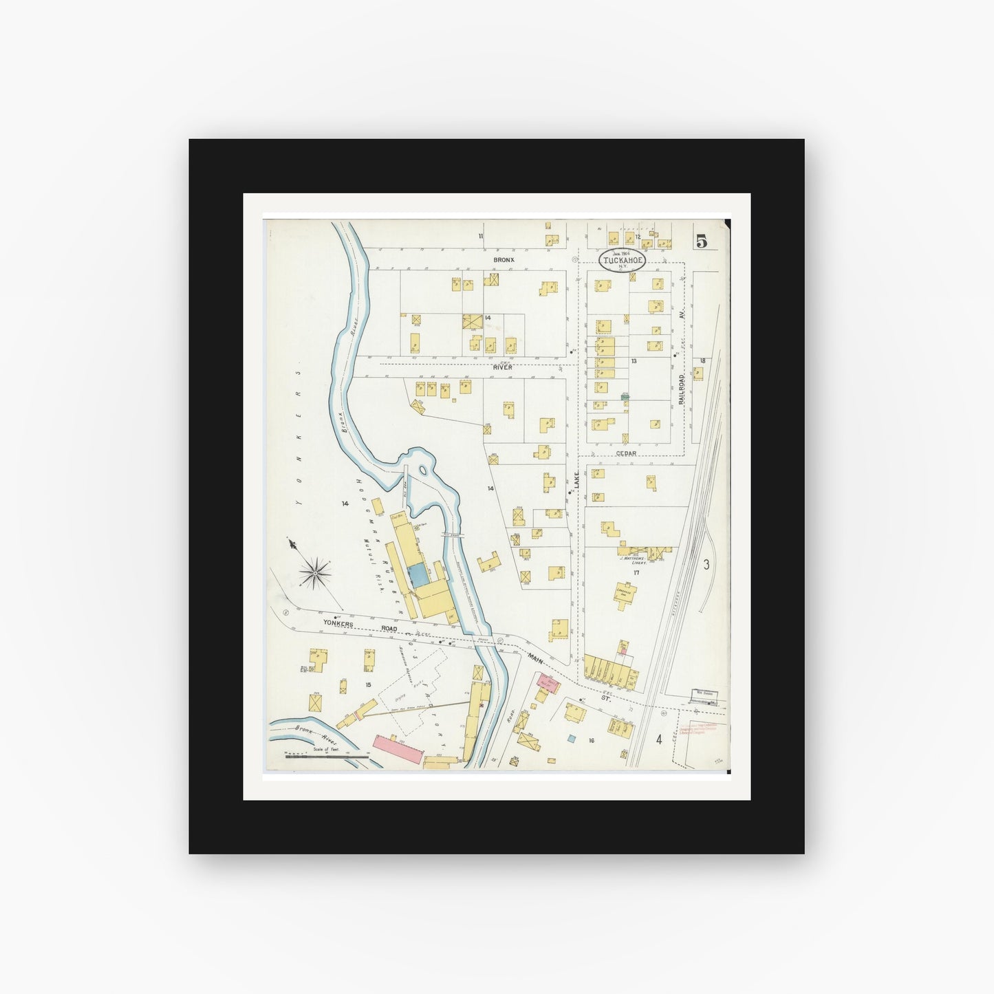 Old map wall art mockup — black gallery frame with white mat — Sanborn Fire Insurance Map from Tuckahoe, Westchester County, New York (1904), Sheet #0005