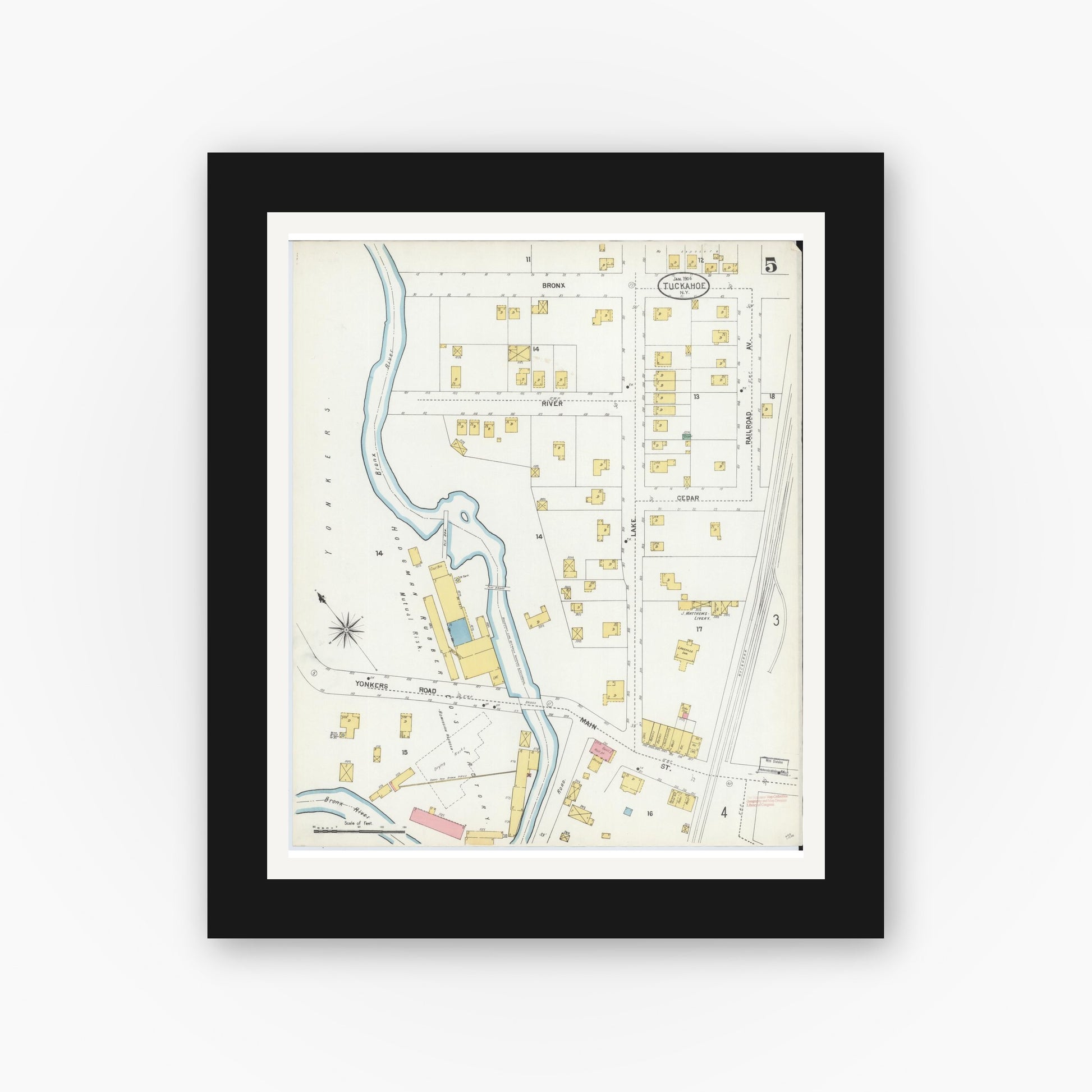 Old map wall art mockup — black gallery frame with white mat — Sanborn Fire Insurance Map from Tuckahoe, Westchester County, New York (1904), Sheet #0005