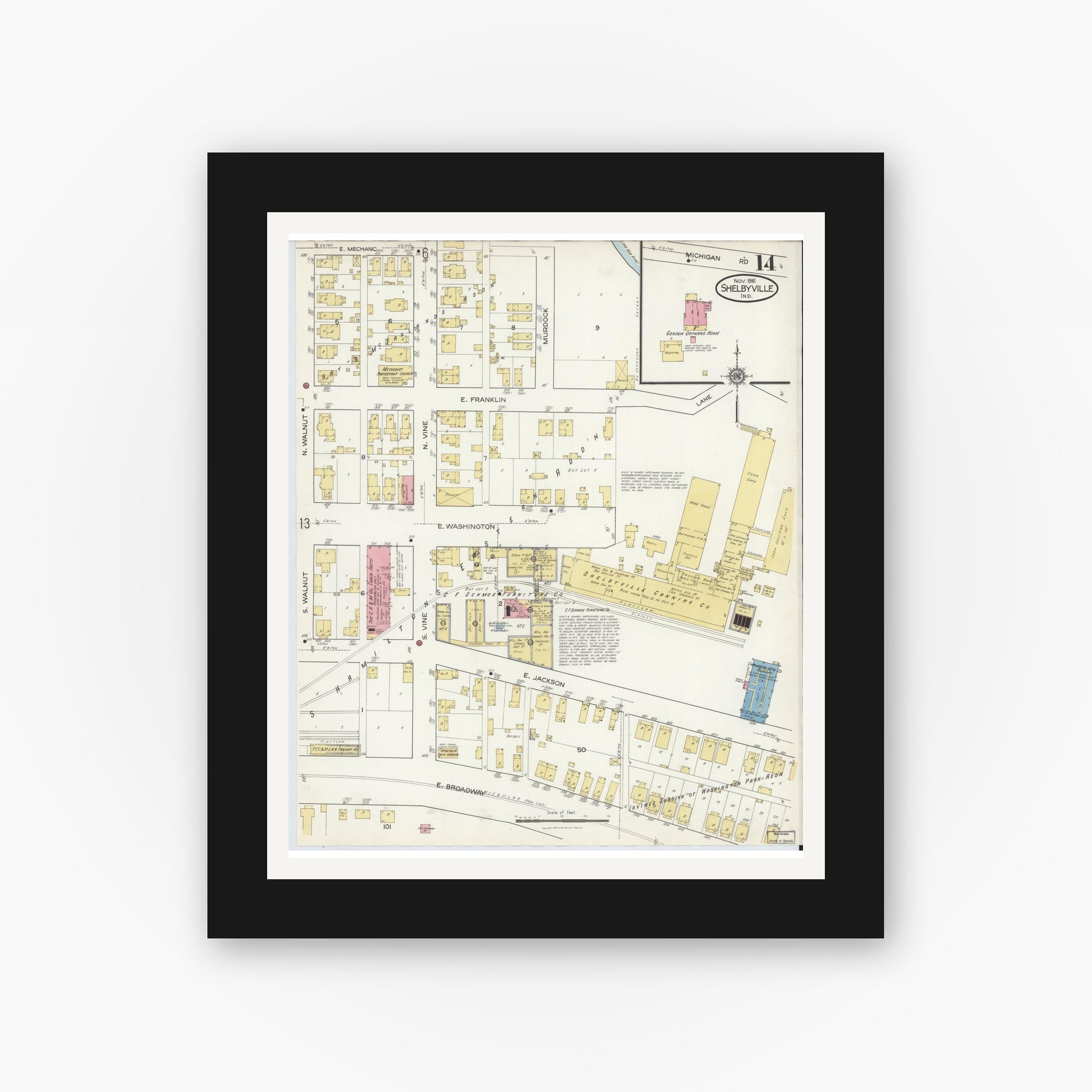 Old map wall art mockup — black gallery frame with white mat — Sanborn Fire Insurance Map from Shelbyville, Shelby County, Indiana (1916), Sheet #0014