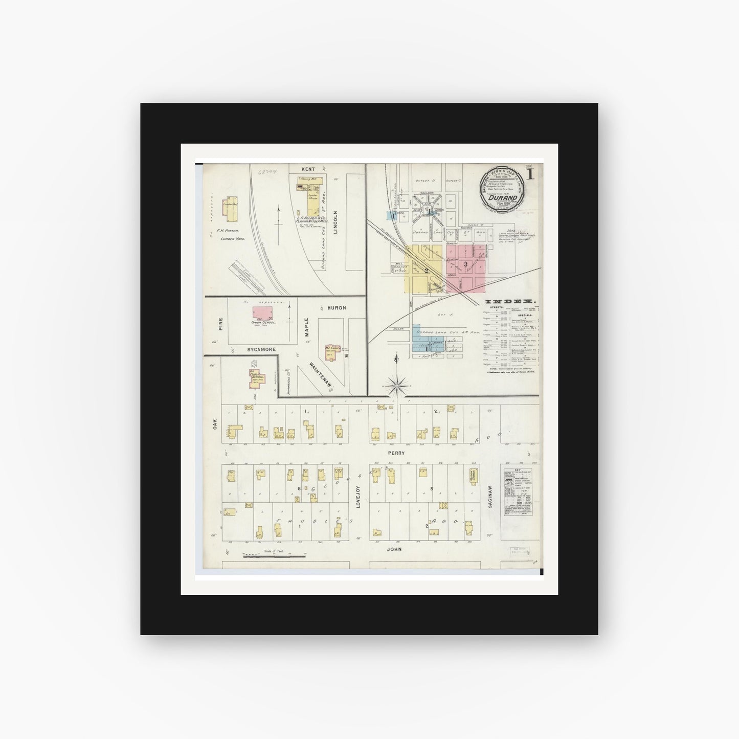 Old map wall art mockup — black gallery frame with white mat — Sanborn Fire Insurance Map from Durand, Shiawassee County, Michigan (1896) - Complete Map Set
