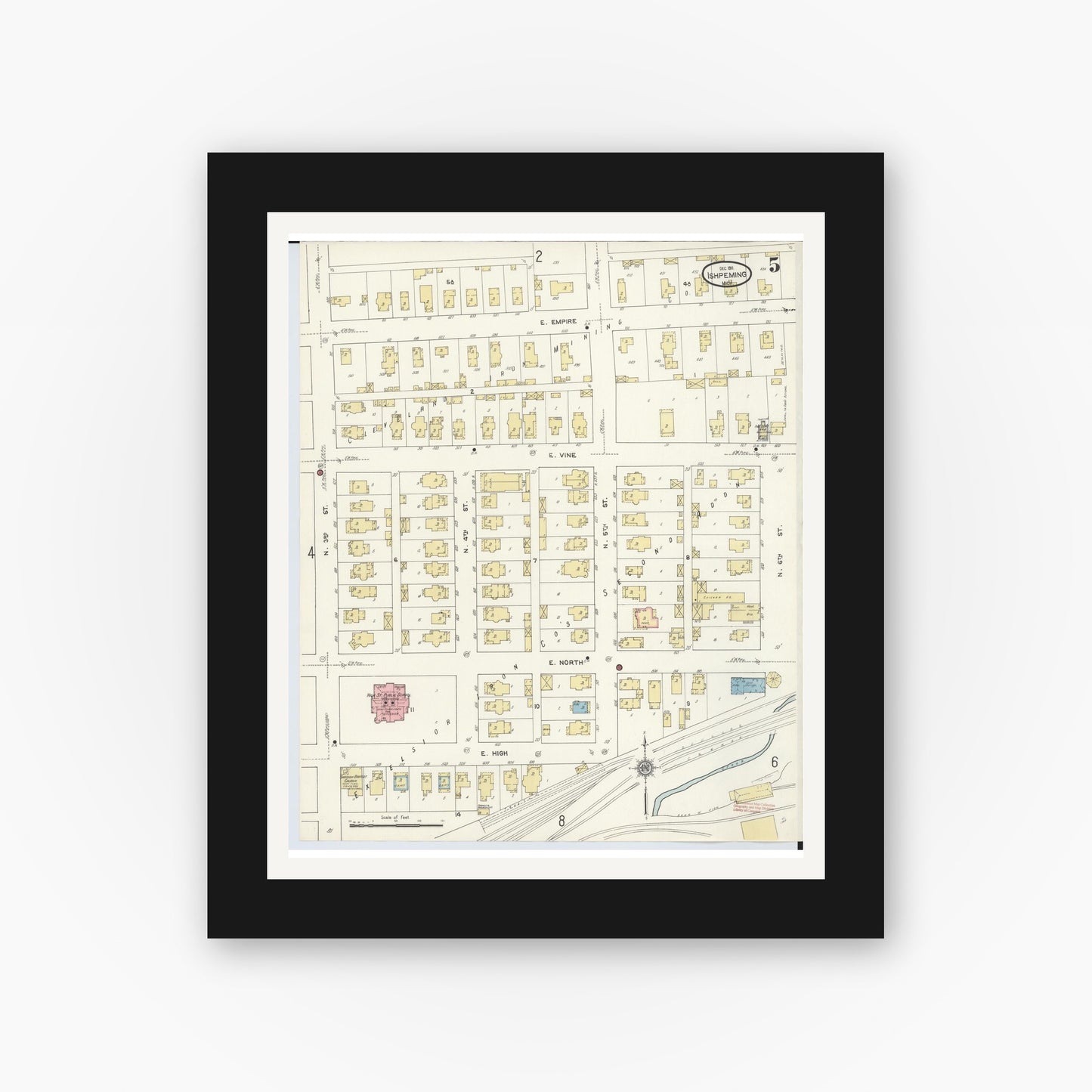 Old map wall art mockup — black gallery frame with white mat — Sanborn Fire Insurance Map from Ishpeming, Marquette County, Michigan (1911), Sheet #0005