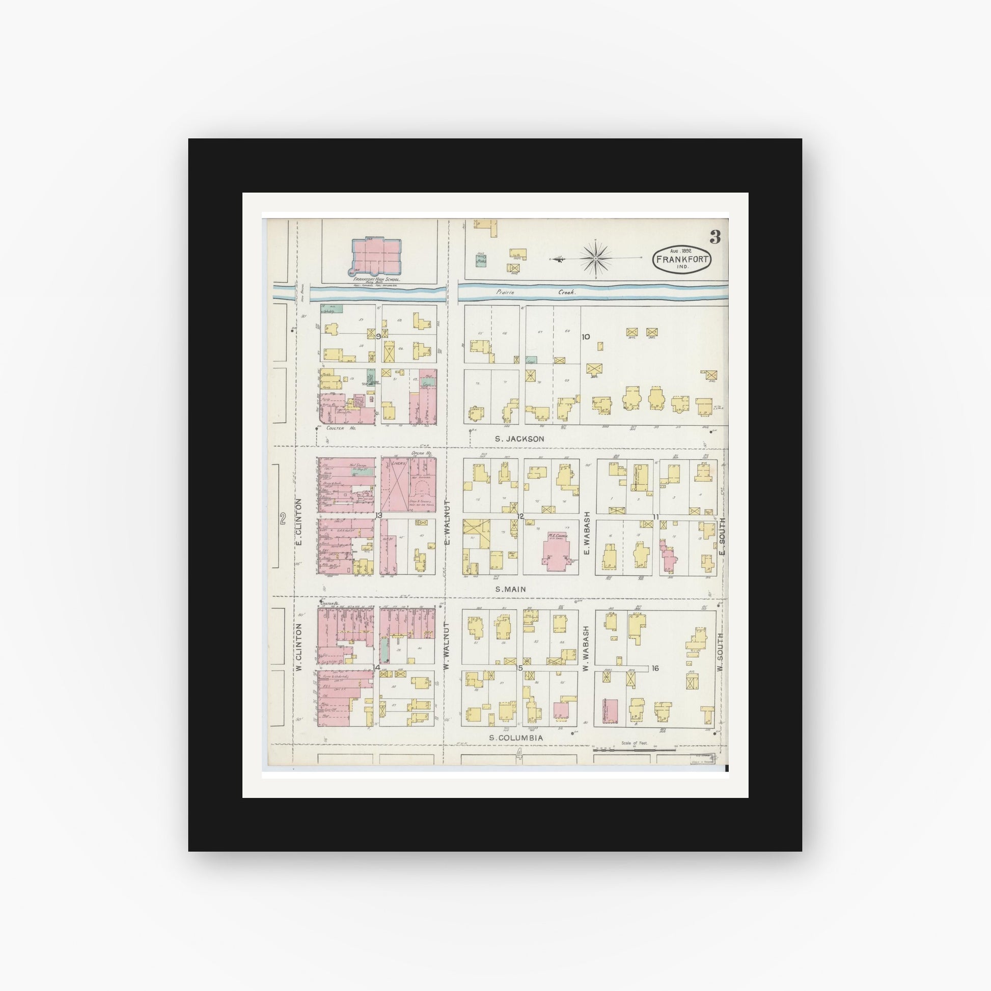 Old map wall art mockup — black gallery frame with white mat — Sanborn Fire Insurance Map from Frankfort, Clinton County, Indiana (1892), Sheet #0003