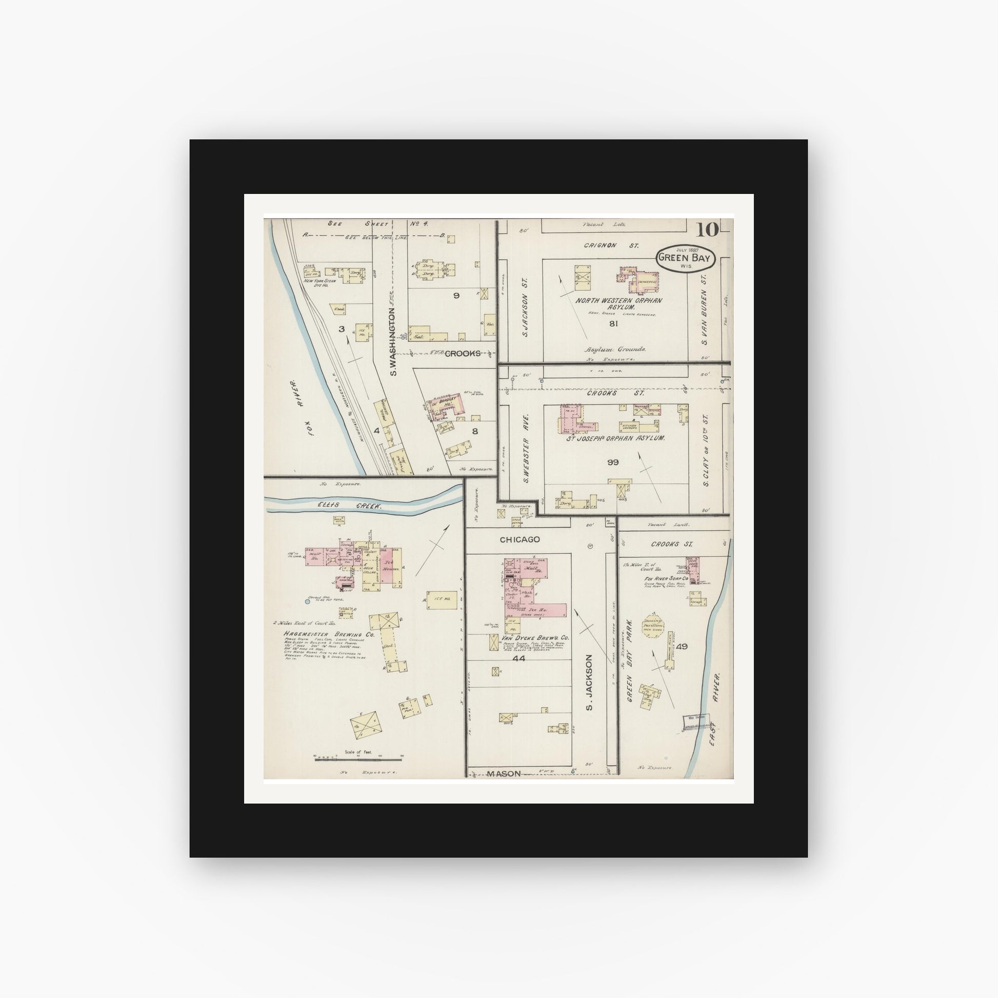 Old map wall art mockup — black gallery frame with white mat — Sanborn Fire Insurance Map from Green Bay, Brown County, Wisconsin (1887), Sheet #0010