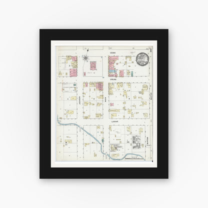 Old map wall art mockup — black gallery frame with white mat — Sanborn Fire Insurance Map from Huntsville, Walker County, Texas (1891), Sheet #0001