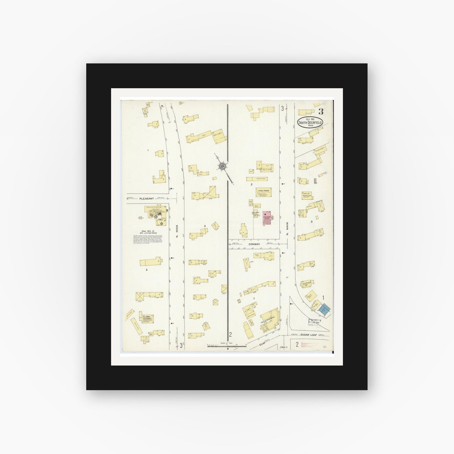 Old map wall art mockup — black gallery frame with white mat — Sanborn Fire Insurance Map from South Deerfield, Franklin County, Massachusetts (1912), Sheet #0003