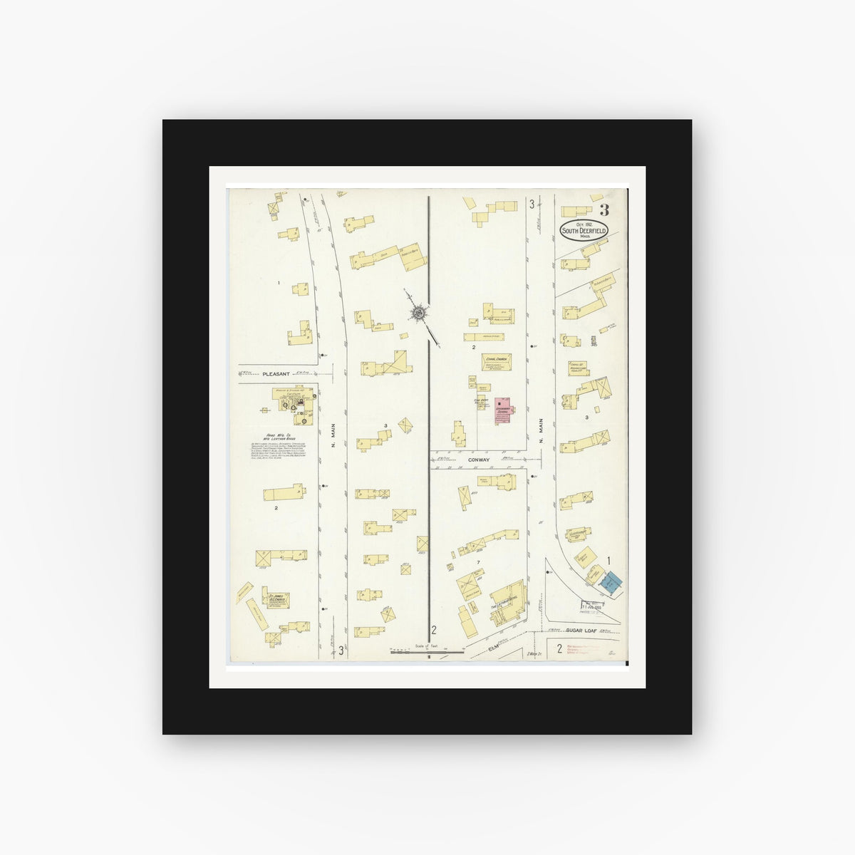 Old map wall art mockup — black gallery frame with white mat — Sanborn Fire Insurance Map from South Deerfield, Franklin County, Massachusetts (1912), Sheet #0003