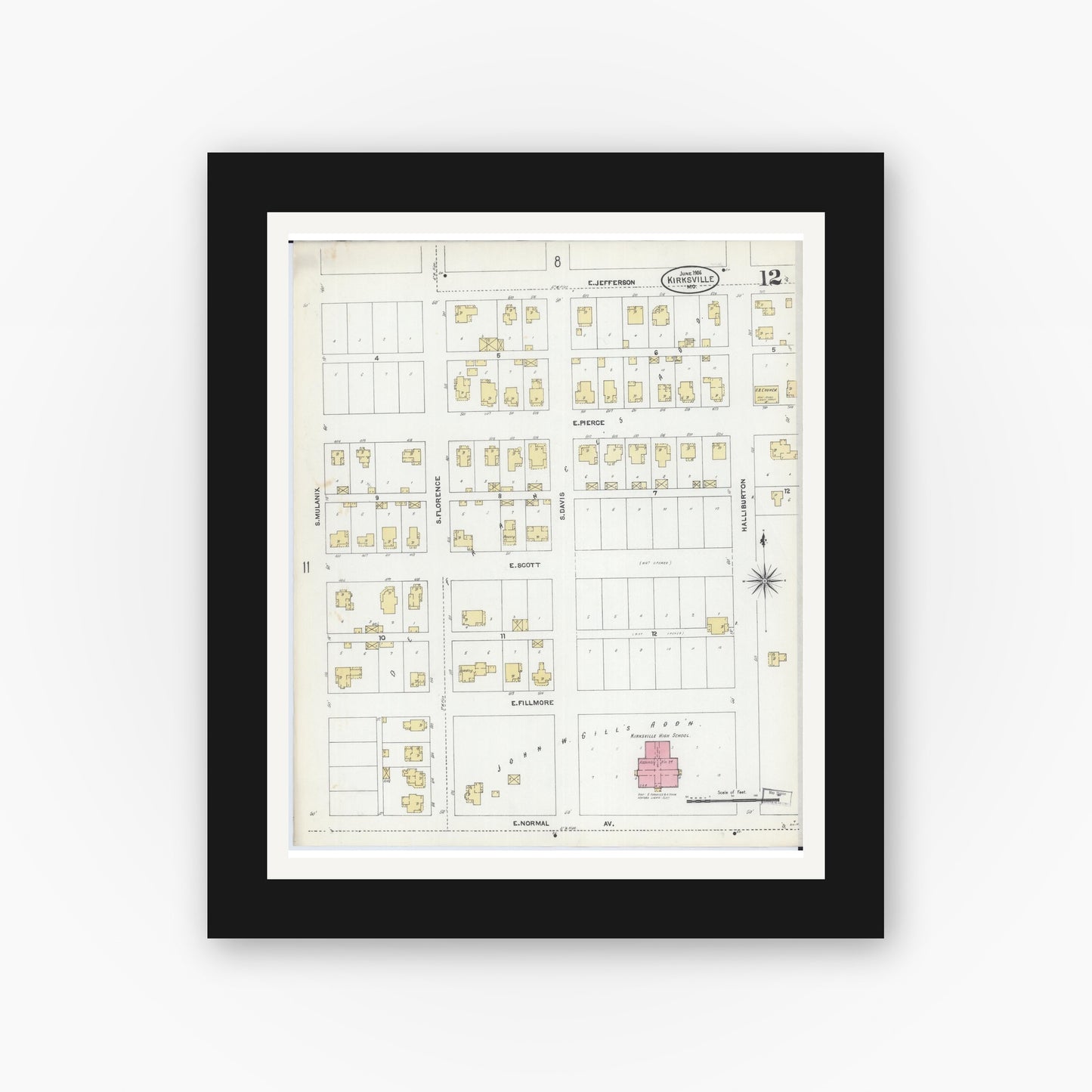 Old map wall art mockup — black gallery frame with white mat — Sanborn Fire Insurance Map from Kirksville, Adair County, Missouri (1906), Sheet #0012