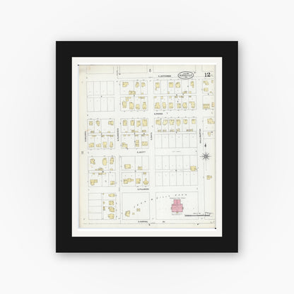 Old map wall art mockup — black gallery frame with white mat — Sanborn Fire Insurance Map from Kirksville, Adair County, Missouri (1906), Sheet #0012