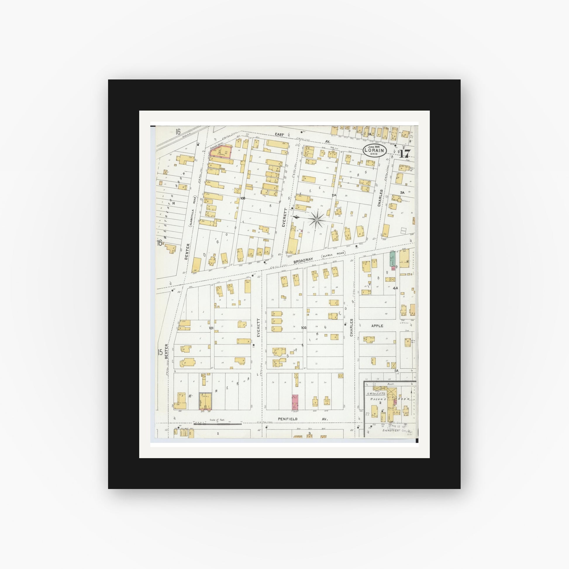 Old map wall art mockup — black gallery frame with white mat — Sanborn Fire Insurance Map from Lorain, Lorain County, Ohio (1905), Sheet #0017