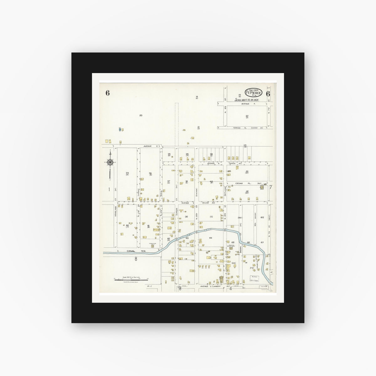 Old map wall art mockup — black gallery frame with white mat — Sanborn Fire Insurance Map from Fort Pierce, St Lucie County, Florida (1924), Sheet #0006