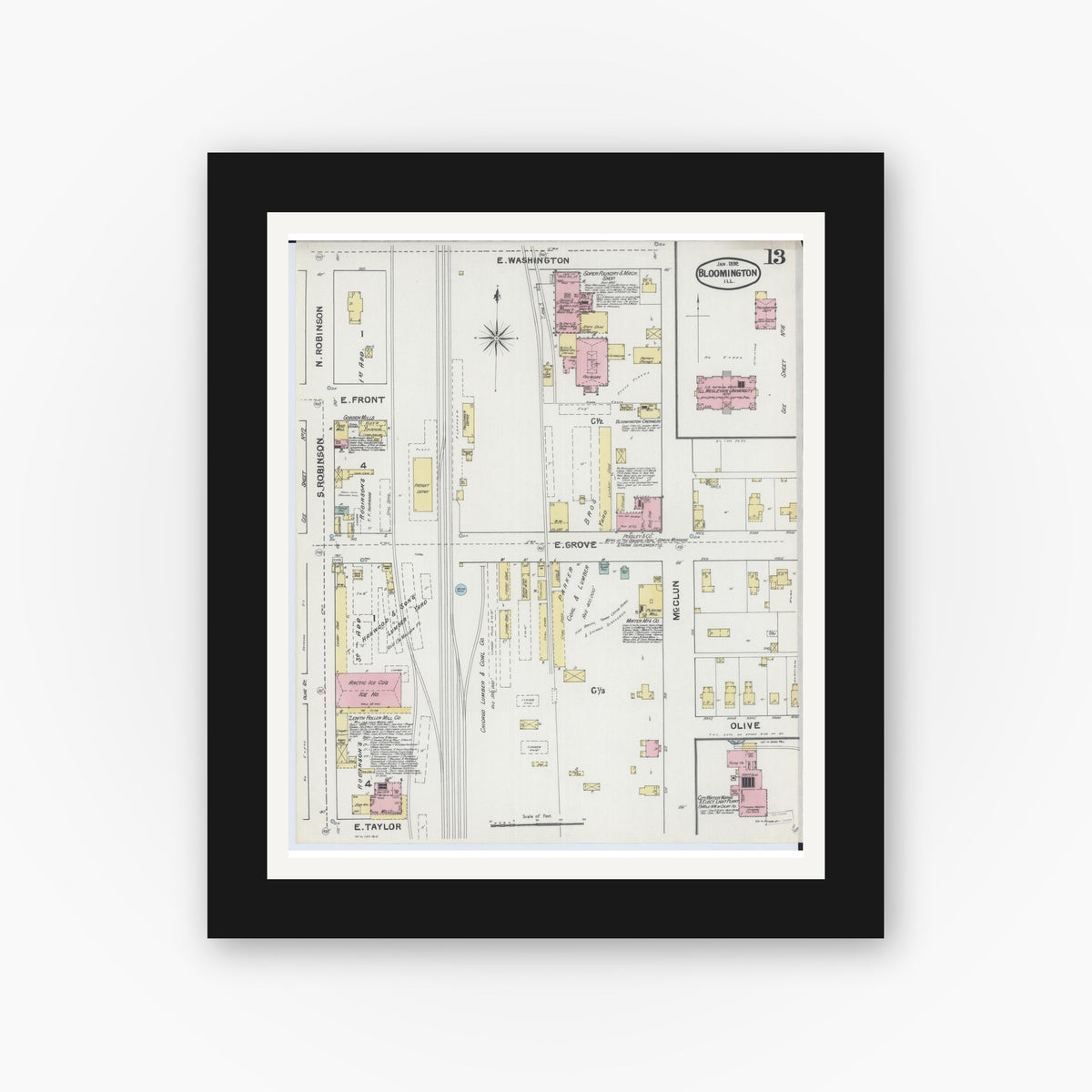 Old map wall art mockup — black gallery frame with white mat — Sanborn Fire Insurance Map from Bloomington, McLean County, Illinois (1892), Sheet #0013
