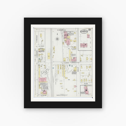 Old map wall art mockup — black gallery frame with white mat — Sanborn Fire Insurance Map from Bloomington, McLean County, Illinois (1892), Sheet #0013