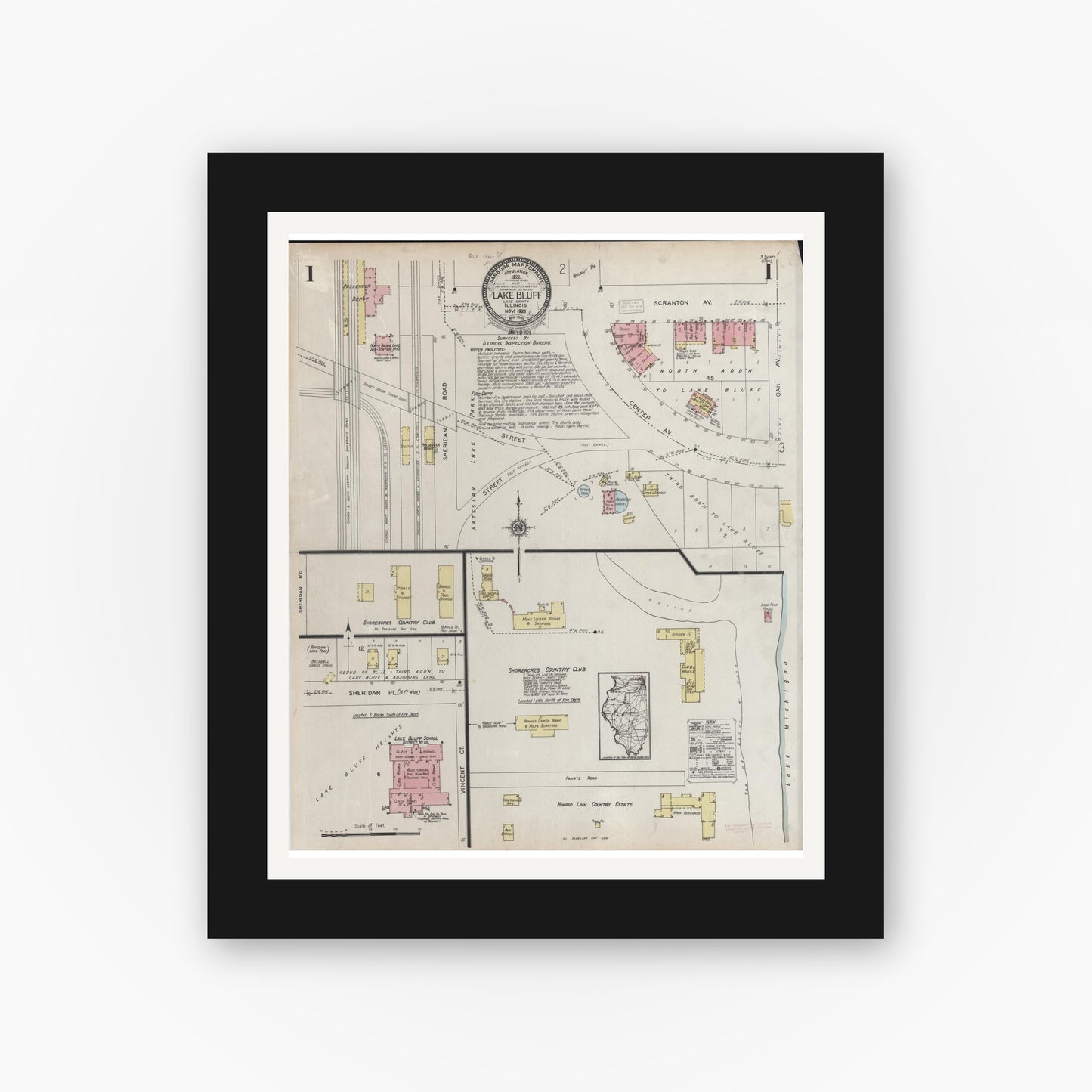Old map wall art mockup — black gallery frame with white mat — Sanborn Fire Insurance Map from Lake Bluff, Lake County, Illinois (1928), Sheet #0001