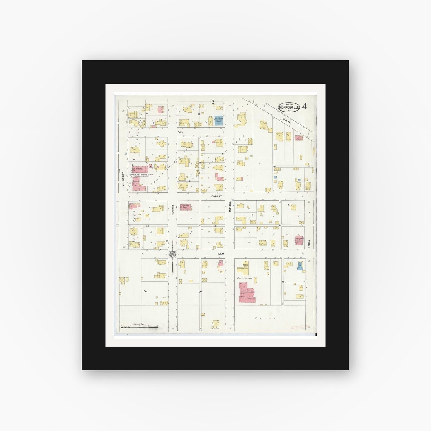 Old map wall art mockup — black gallery frame with white mat — Sanborn Fire Insurance Map from Monroeville, Allen County, Indiana (1916), Sheet #0004
