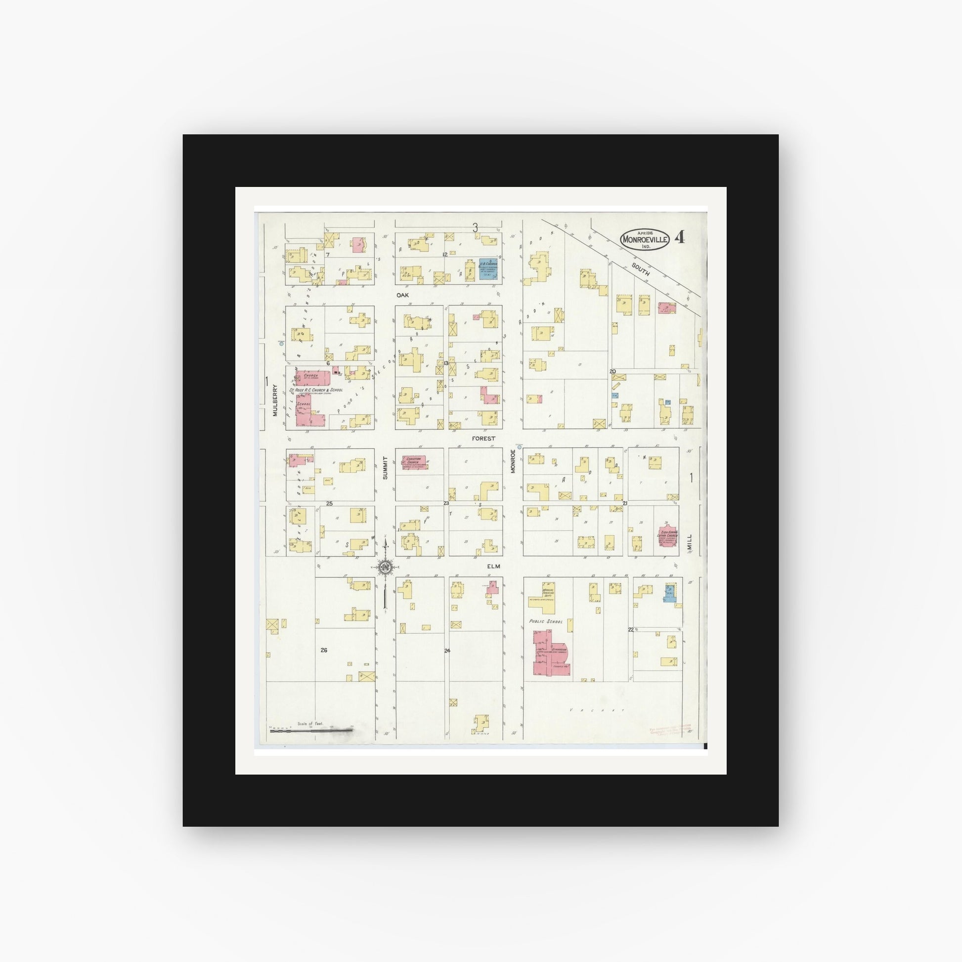 Old map wall art mockup — black gallery frame with white mat — Sanborn Fire Insurance Map from Monroeville, Allen County, Indiana (1916), Sheet #0004