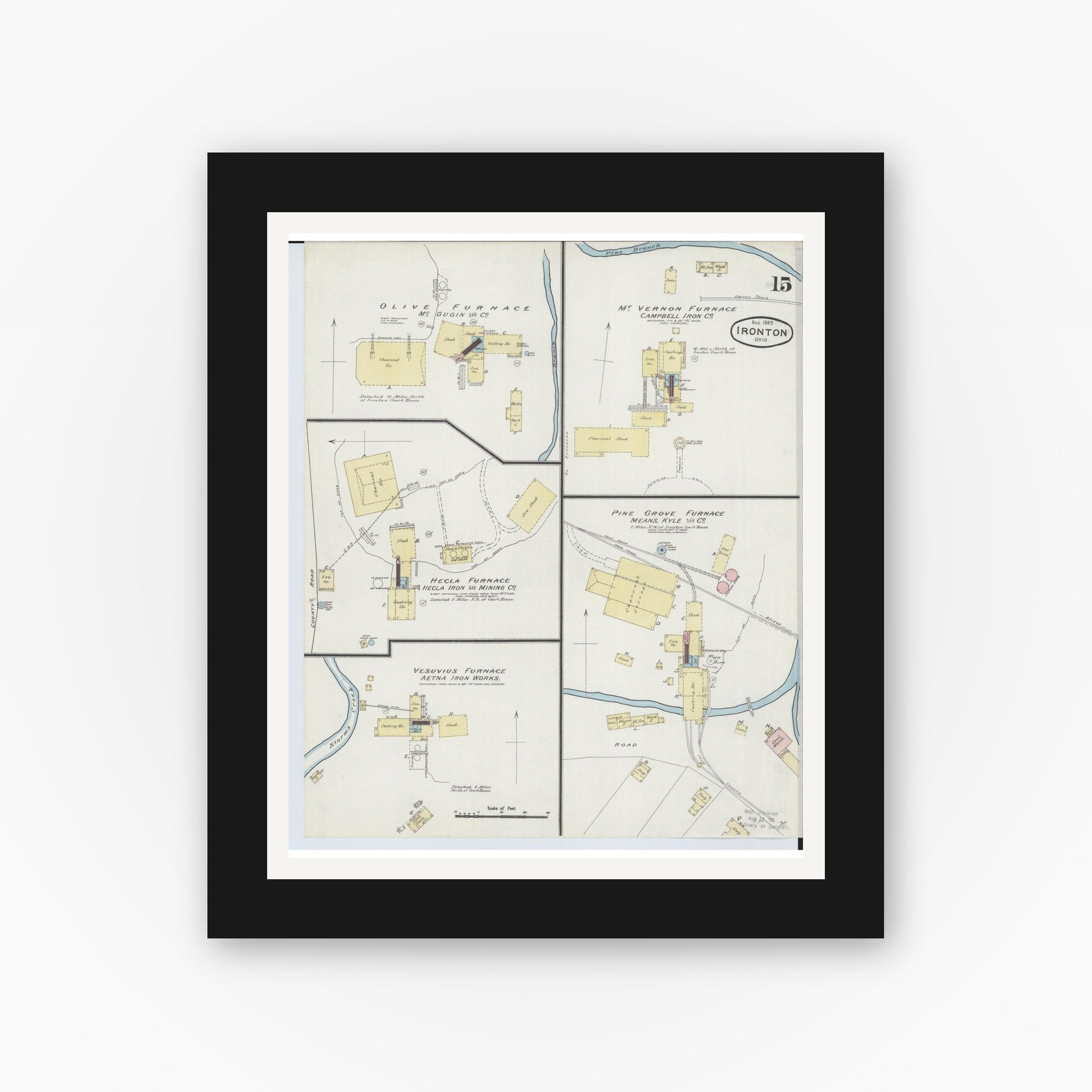 Old map wall art mockup — black gallery frame with white mat — Sanborn Fire Insurance Map from Ironton, Lawrence County, Ohio (1889), Sheet #0015