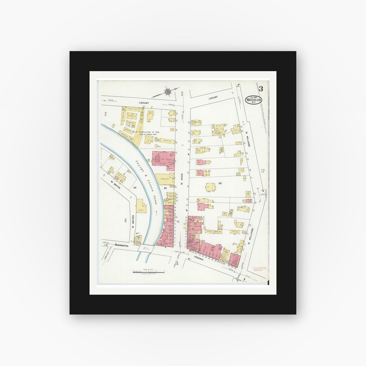 Old map wall art mockup — black gallery frame with white mat — Sanborn Fire Insurance Map from Waterloo, Seneca County, New York (1918), Sheet #0003