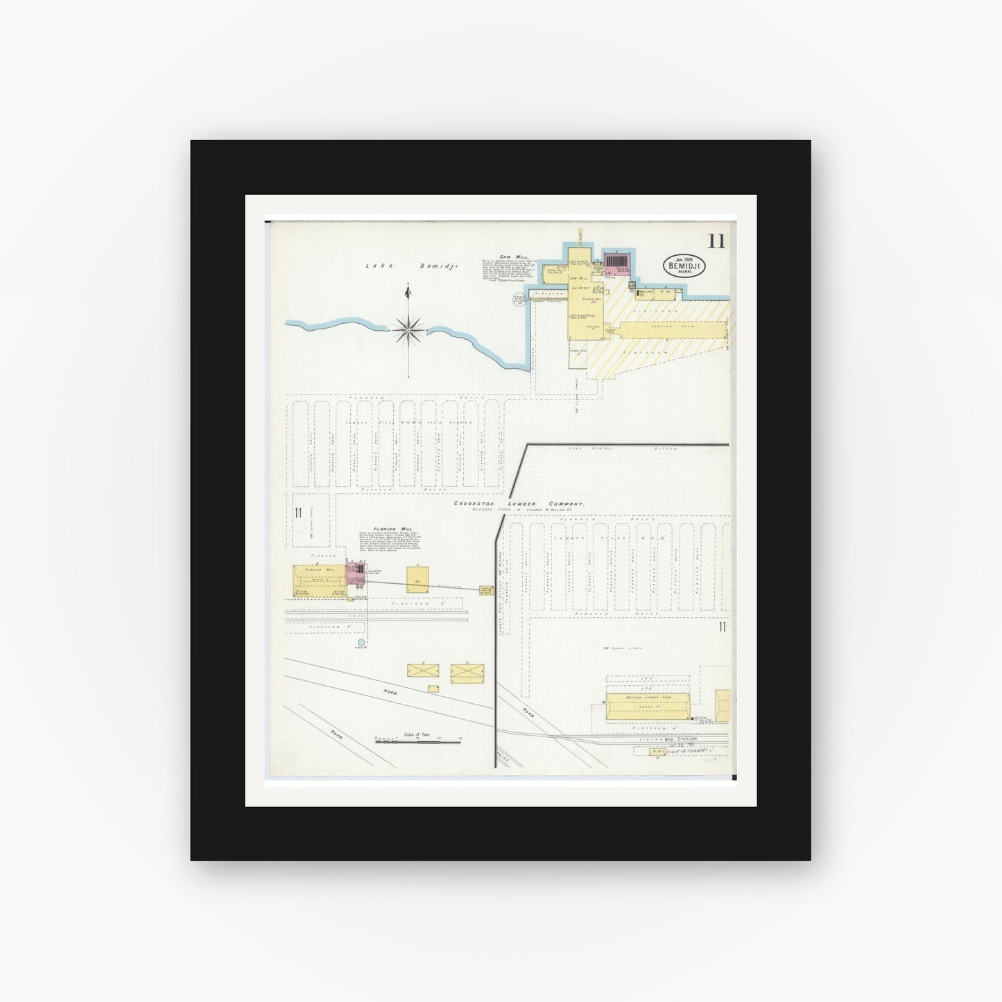 Old map wall art mockup — black gallery frame with white mat — Sanborn Fire Insurance Map from Bemidji, Beltrami County, Minnesota (1909), Sheet #0011