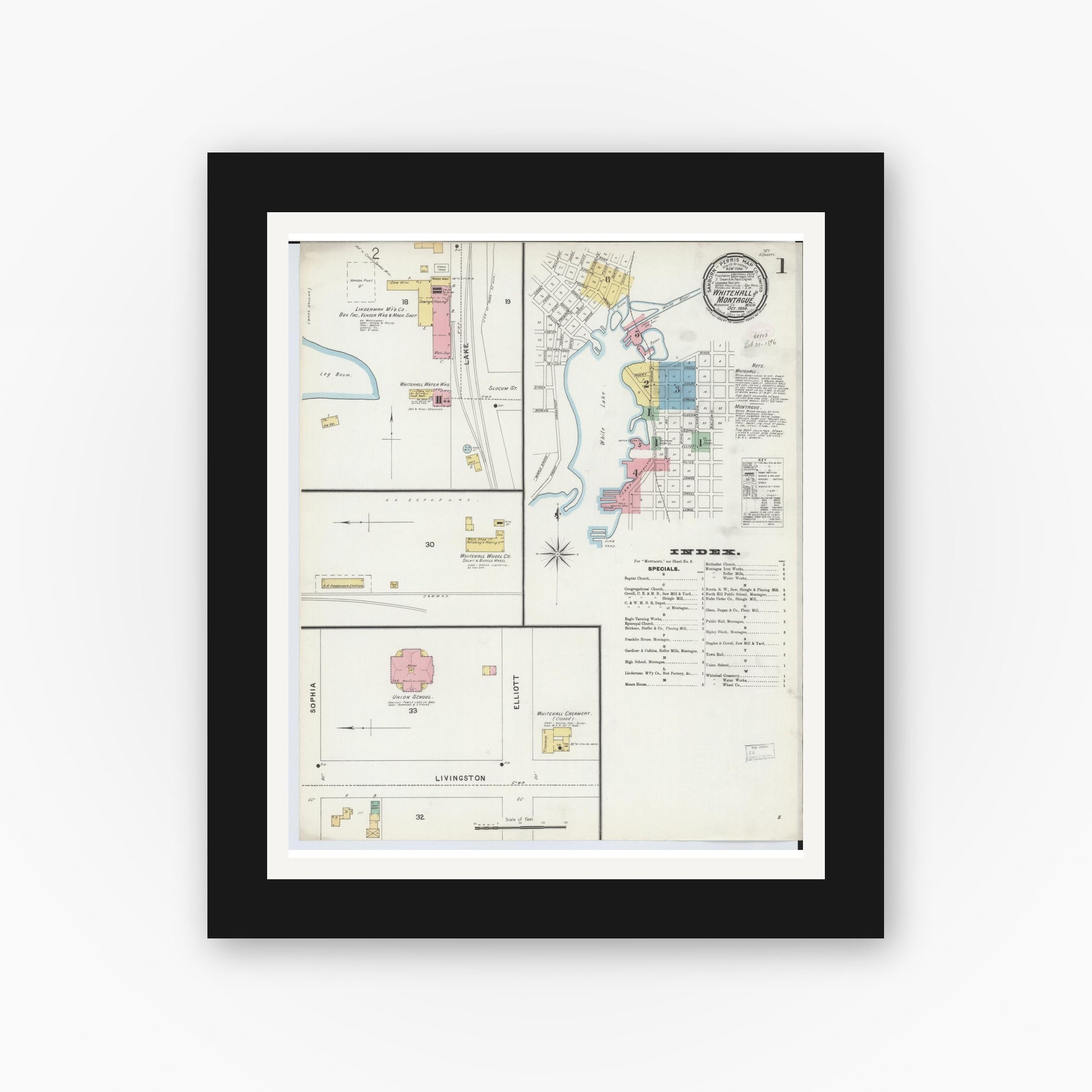 Old map wall art mockup — black gallery frame with white mat — Sanborn Fire Insurance Map from Whitehall, Muskegon County, Michigan (1896), Sheet #0001