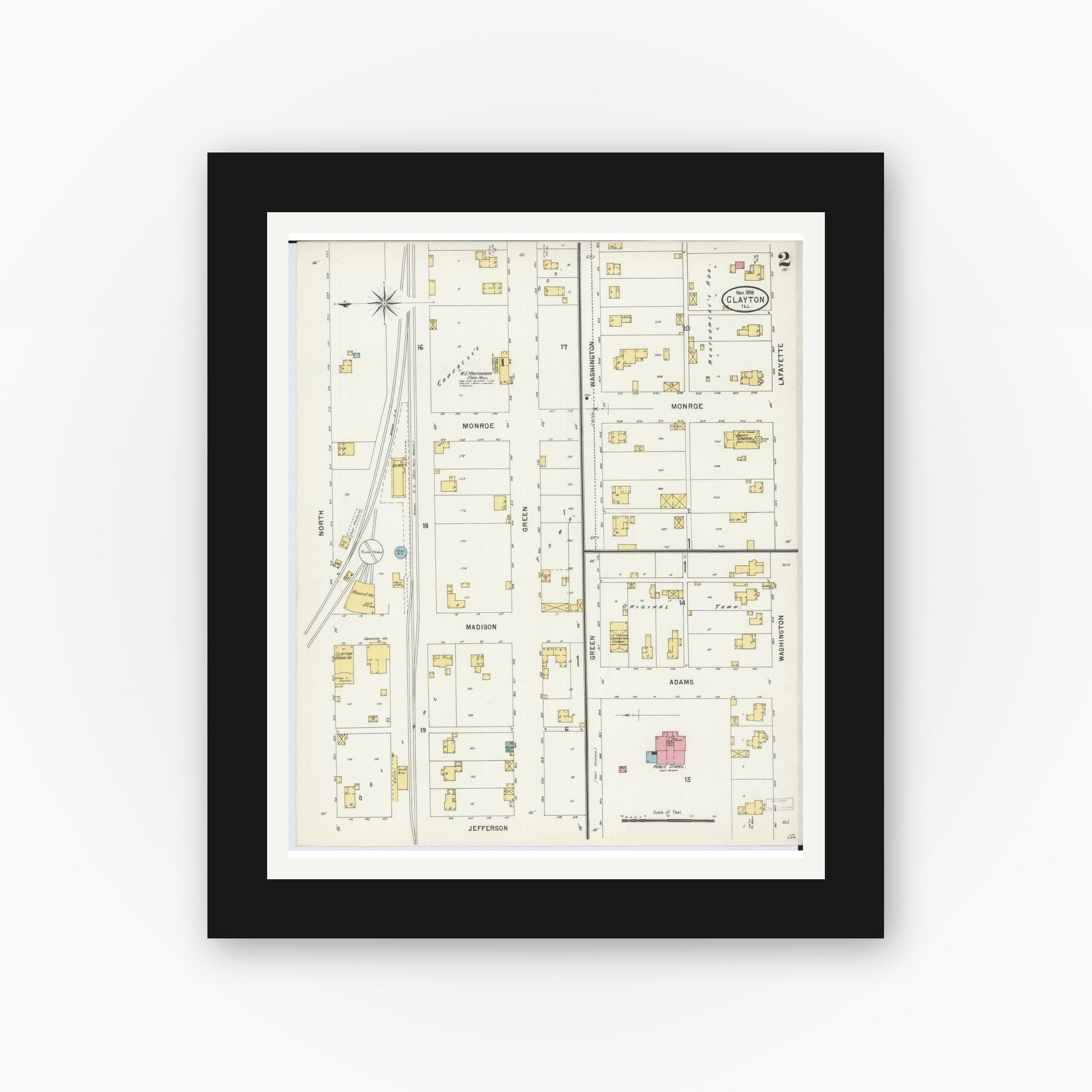 Old map wall art mockup — black gallery frame with white mat — Sanborn Fire Insurance Map from Clayton, Adams County, Illinois (1898), Sheet #0002