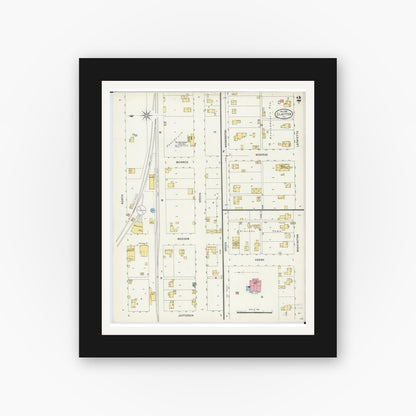 Old map wall art mockup — black gallery frame with white mat — Sanborn Fire Insurance Map from Clayton, Adams County, Illinois (1898), Sheet #0002