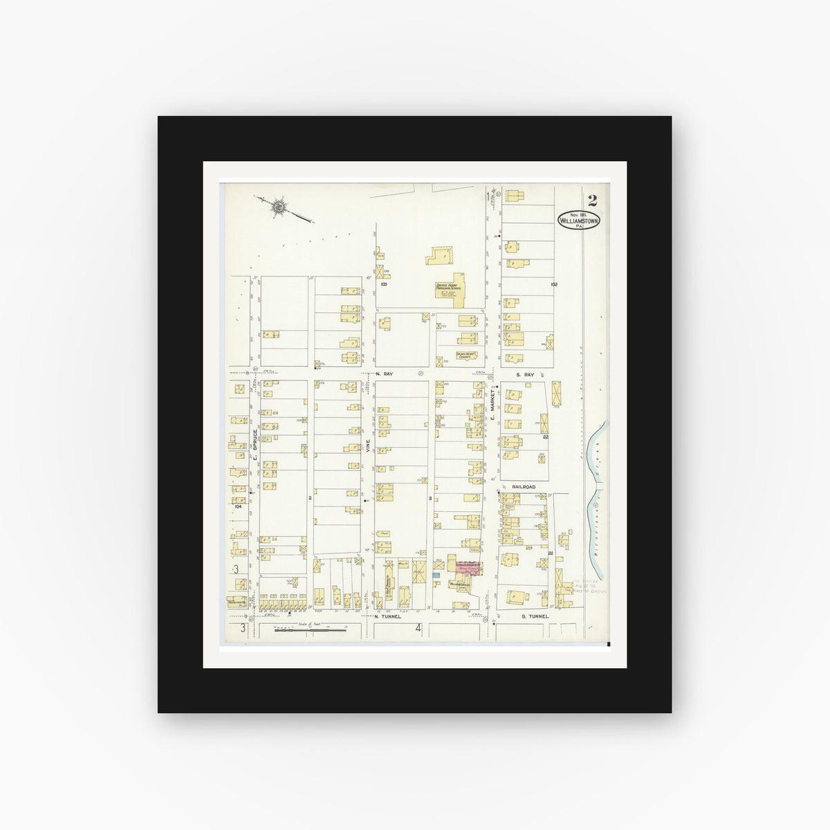 Old map wall art mockup — black gallery frame with white mat — Sanborn Fire Insurance Map from Williamstown, Dauphin County, Pennsylvania (1911), Sheet #0002