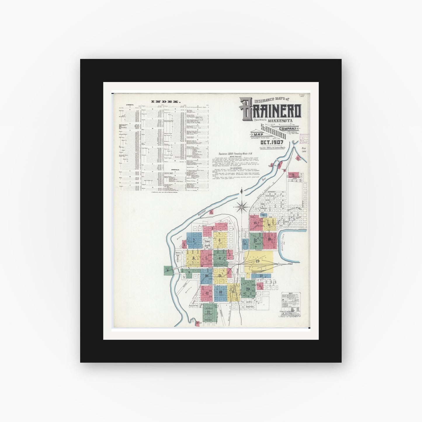Old map wall art mockup — black gallery frame with white mat — Sanborn Fire Insurance Map from Brainerd, Crow Wing County, Minnesota (1907), Sheet #0001