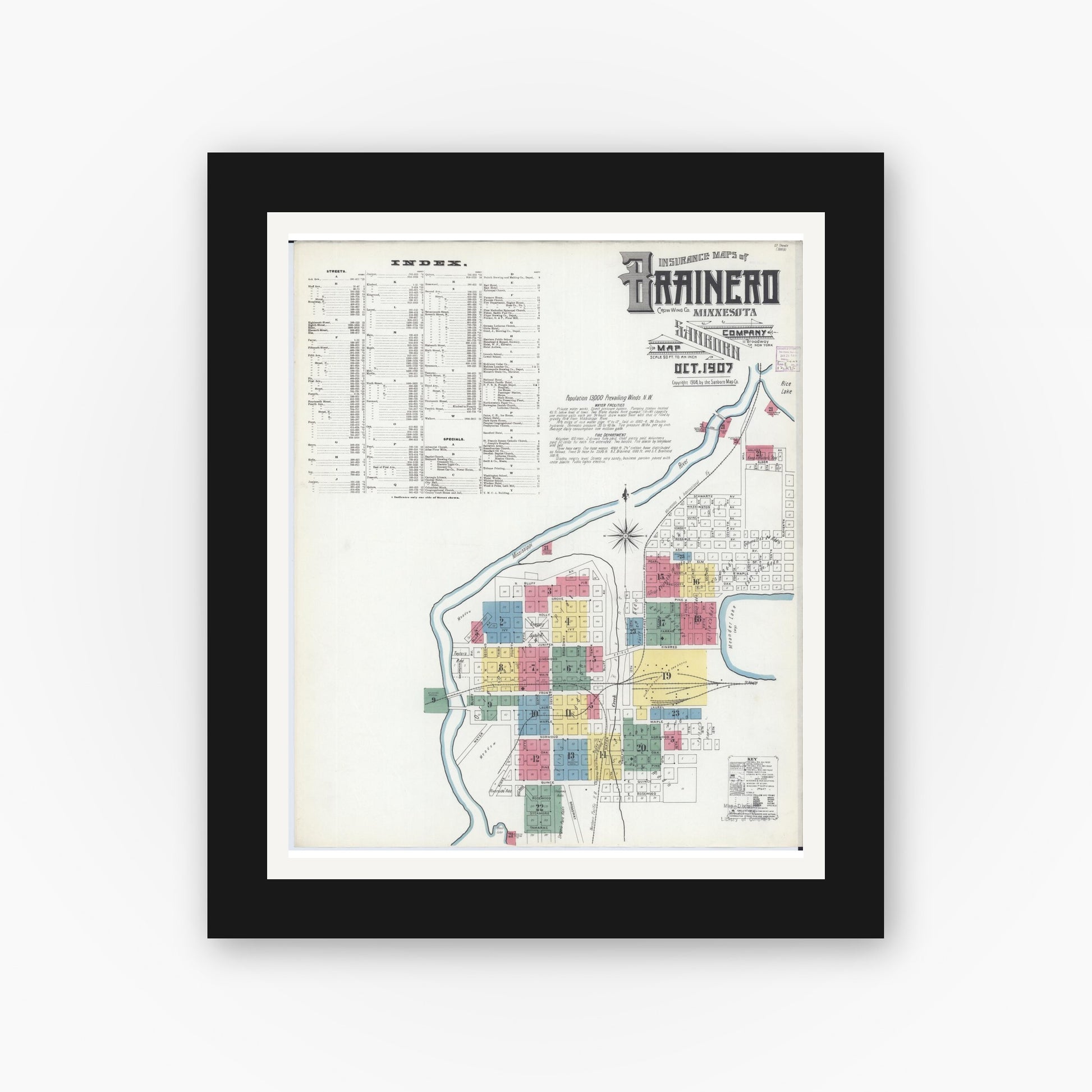 Old map wall art mockup — black gallery frame with white mat — Sanborn Fire Insurance Map from Brainerd, Crow Wing County, Minnesota (1907), Sheet #0001