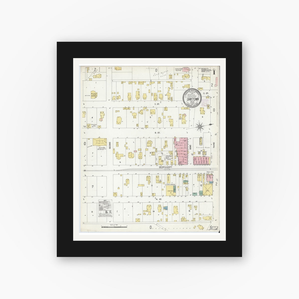 Old map wall art mockup — black gallery frame with white mat — Sanborn Fire Insurance Map from Oaktown, Knox County, Indiana (1907), Sheet #0001