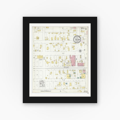 Old map wall art mockup — black gallery frame with white mat — Sanborn Fire Insurance Map from Oaktown, Knox County, Indiana (1907), Sheet #0001