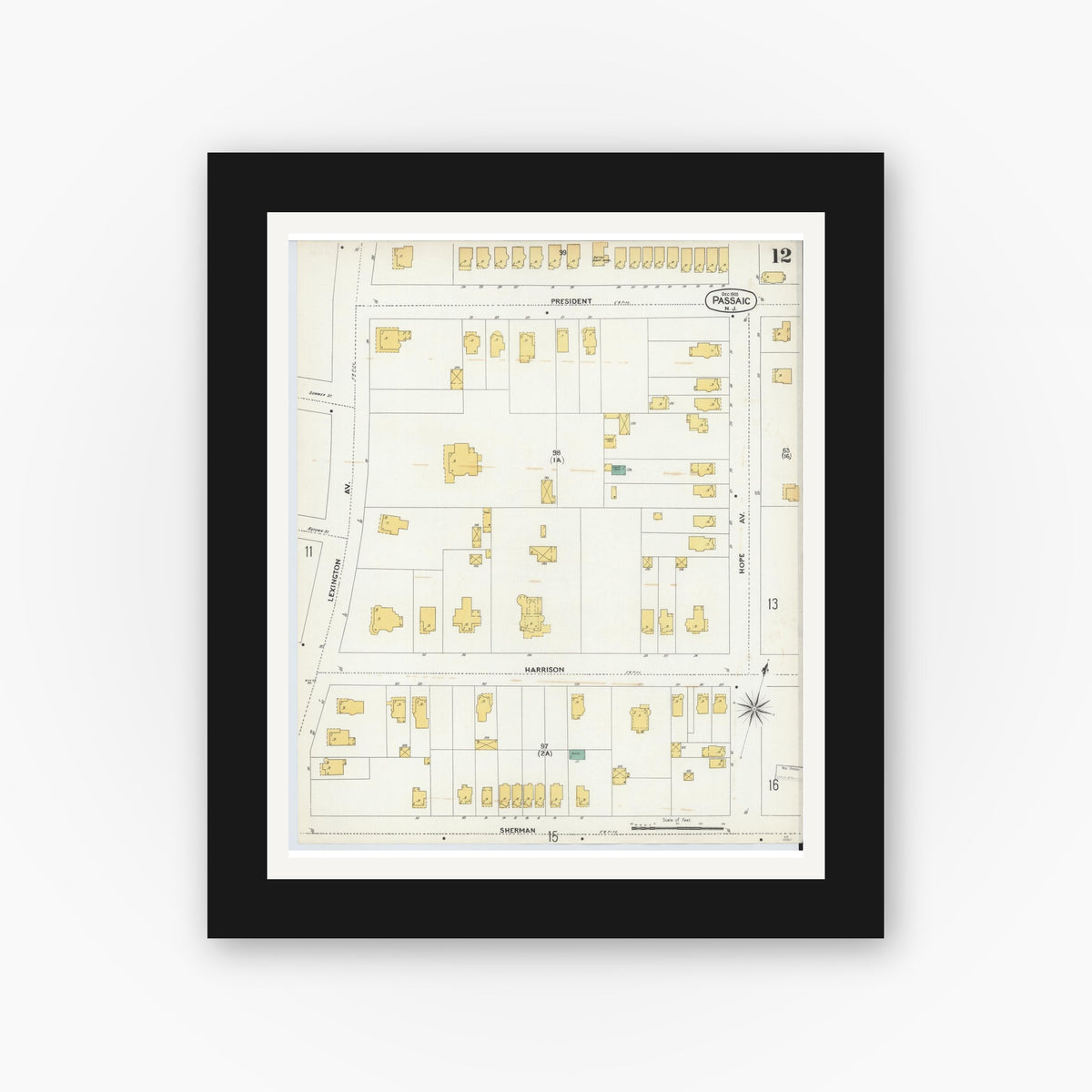 Old map wall art mockup — black gallery frame with white mat — Sanborn Fire Insurance Map from Passaic, Passaic County, New Jersey (1903), Sheet #0012