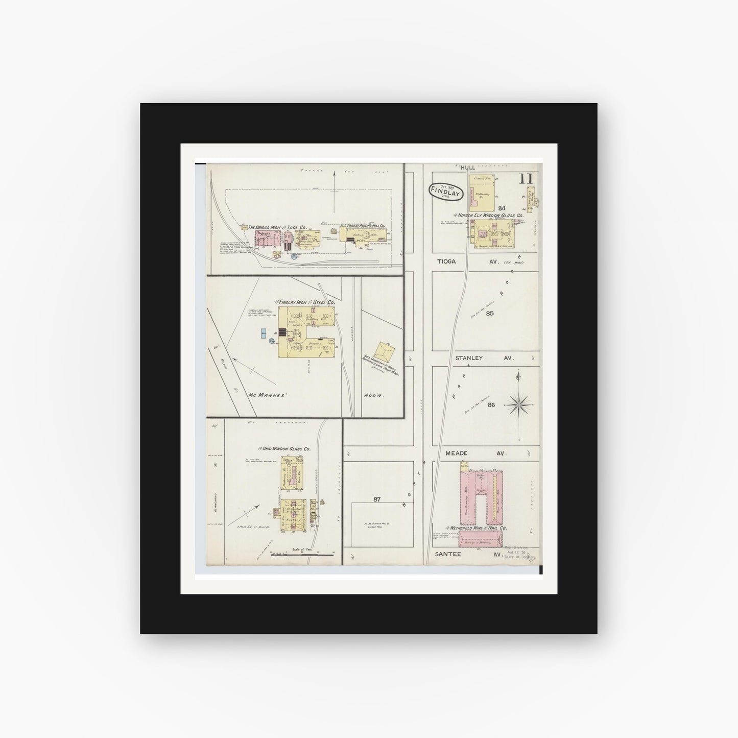 Old map wall art mockup — black gallery frame with white mat — Sanborn Fire Insurance Map from Findlay, Hancock County, Ohio (1887), Sheet #0011