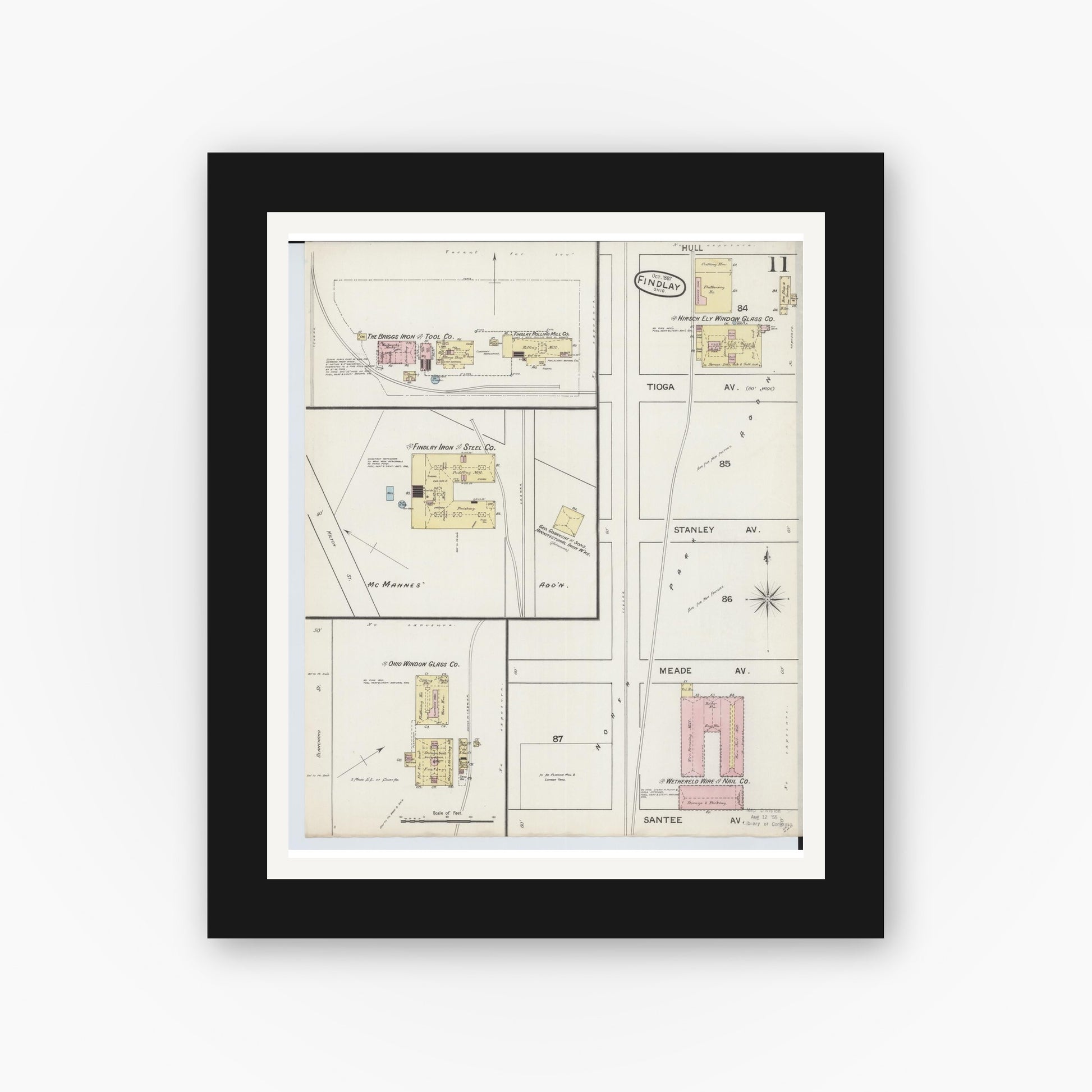 Old map wall art mockup — black gallery frame with white mat — Sanborn Fire Insurance Map from Findlay, Hancock County, Ohio (1887), Sheet #0011