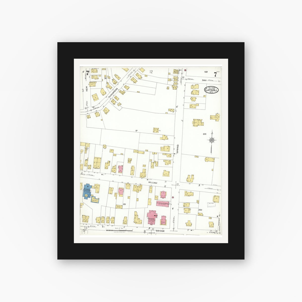 Old map wall art mockup — black gallery frame with white mat — Sanborn Fire Insurance Map from Catskill, Greene County, New York (1923), Sheet #0007