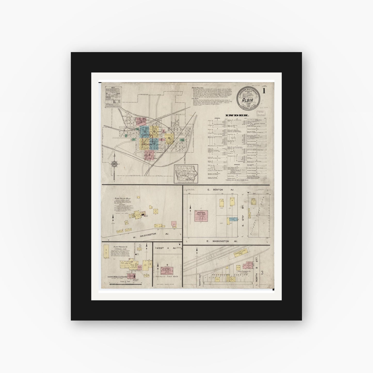 Old map wall art mockup — black gallery frame with white mat — Sanborn Fire Insurance Map from Albia, Monroe County, Iowa (1913) â€” Complete Set