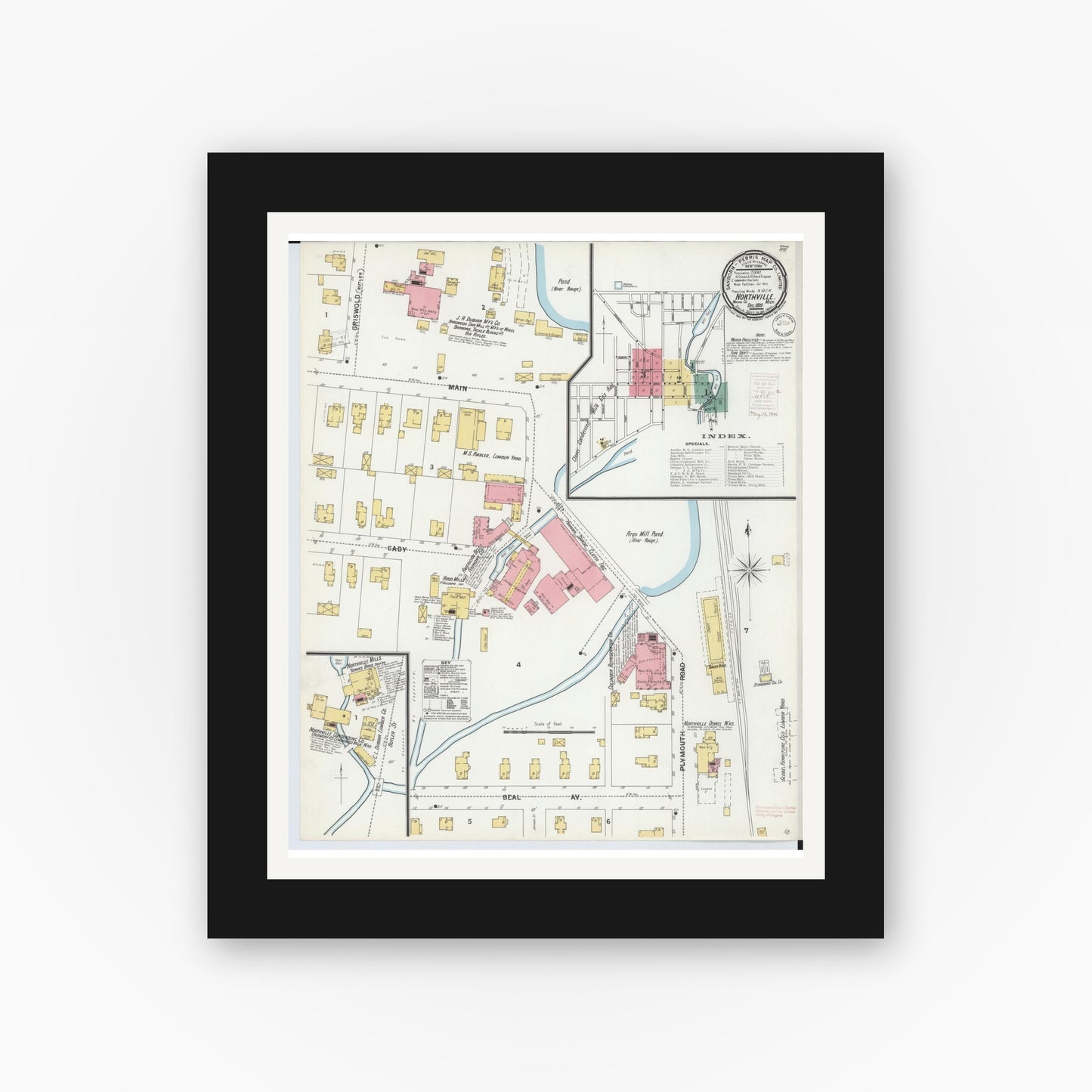 Old map wall art mockup — black gallery frame with white mat — Sanborn Fire Insurance Map from Northville, Wayne County, Michigan (1899) - Complete Map Set