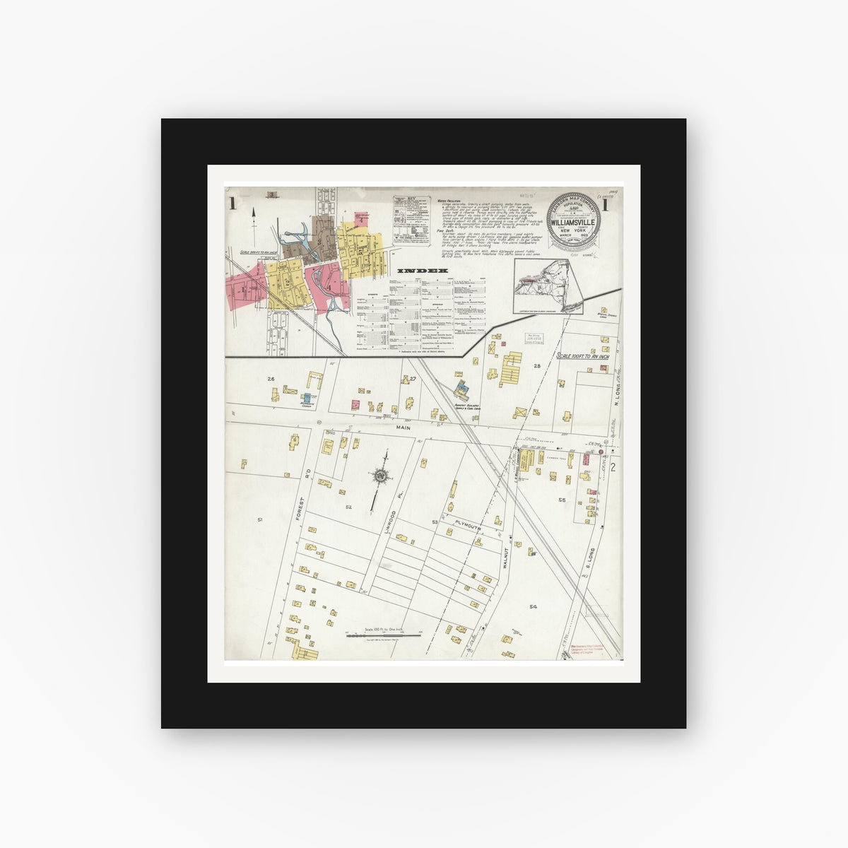 Old map wall art mockup — black gallery frame with white mat — Sanborn Fire Insurance Map from Williamsville, Erie County, New York (1923), Sheet #0001