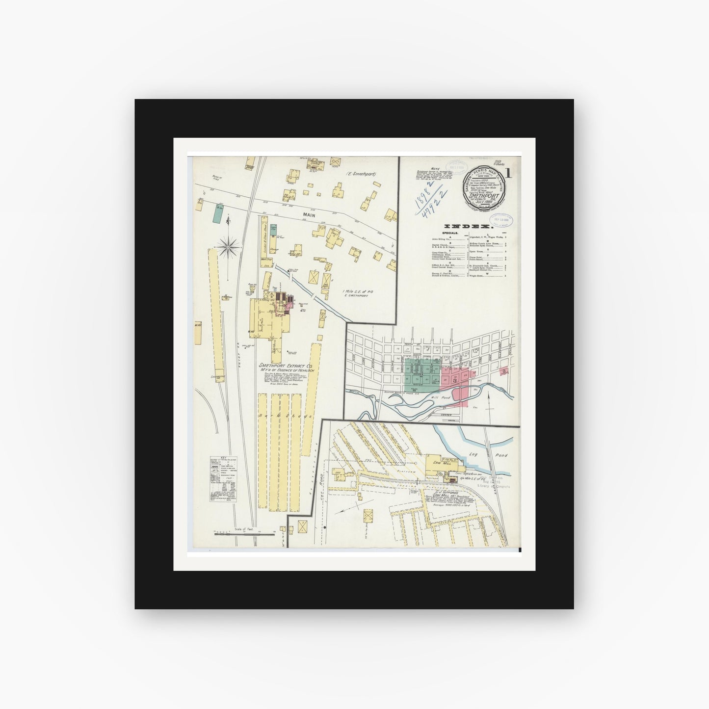 Old map wall art mockup — black gallery frame with white mat — Sanborn Fire Insurance Map from Smethport, McKean County, Pennsylvania (1898), Sheet #0001