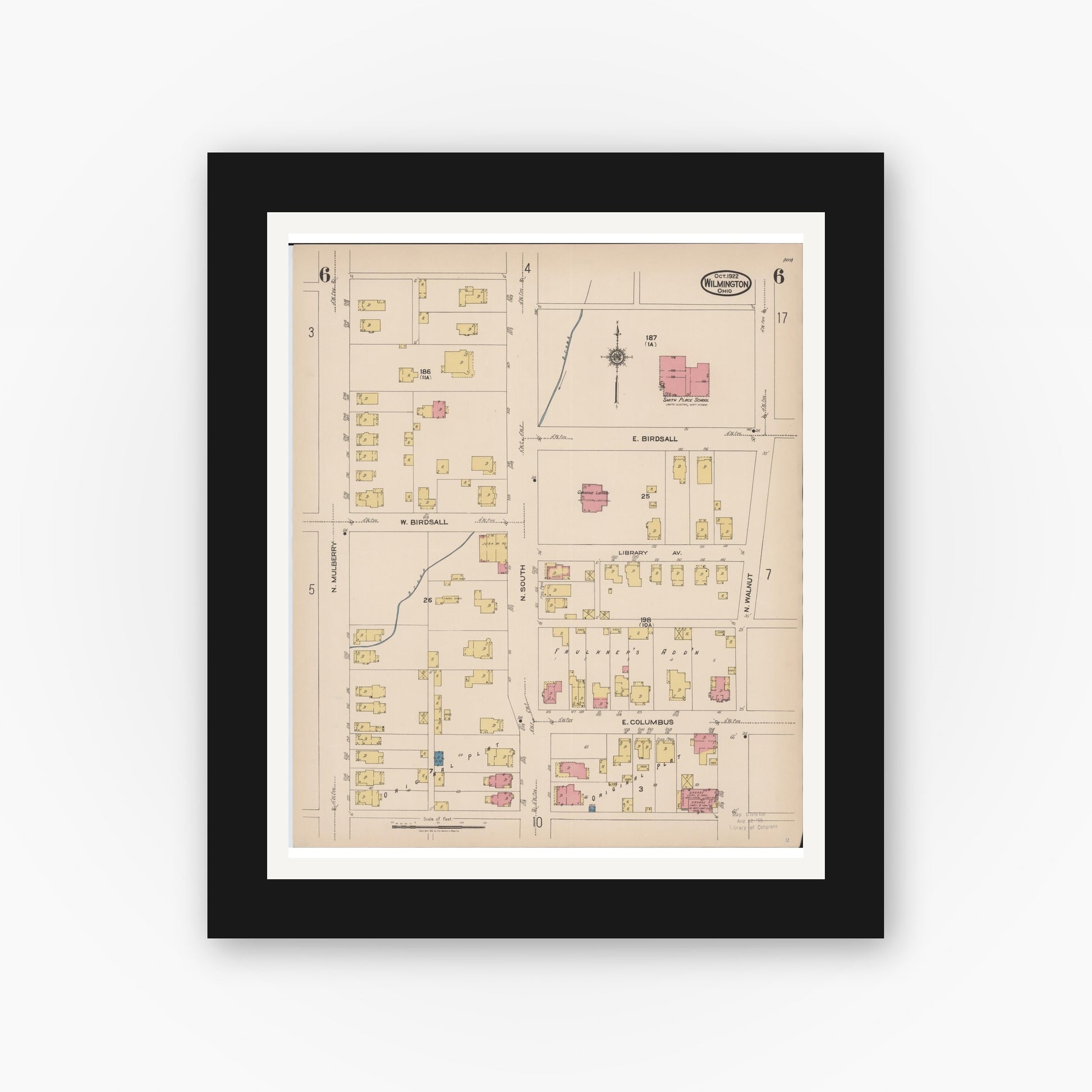 Old map wall art mockup — black gallery frame with white mat — Sanborn Fire Insurance Map from Wilmington, Clinton County, Ohio (1922), Sheet #0006