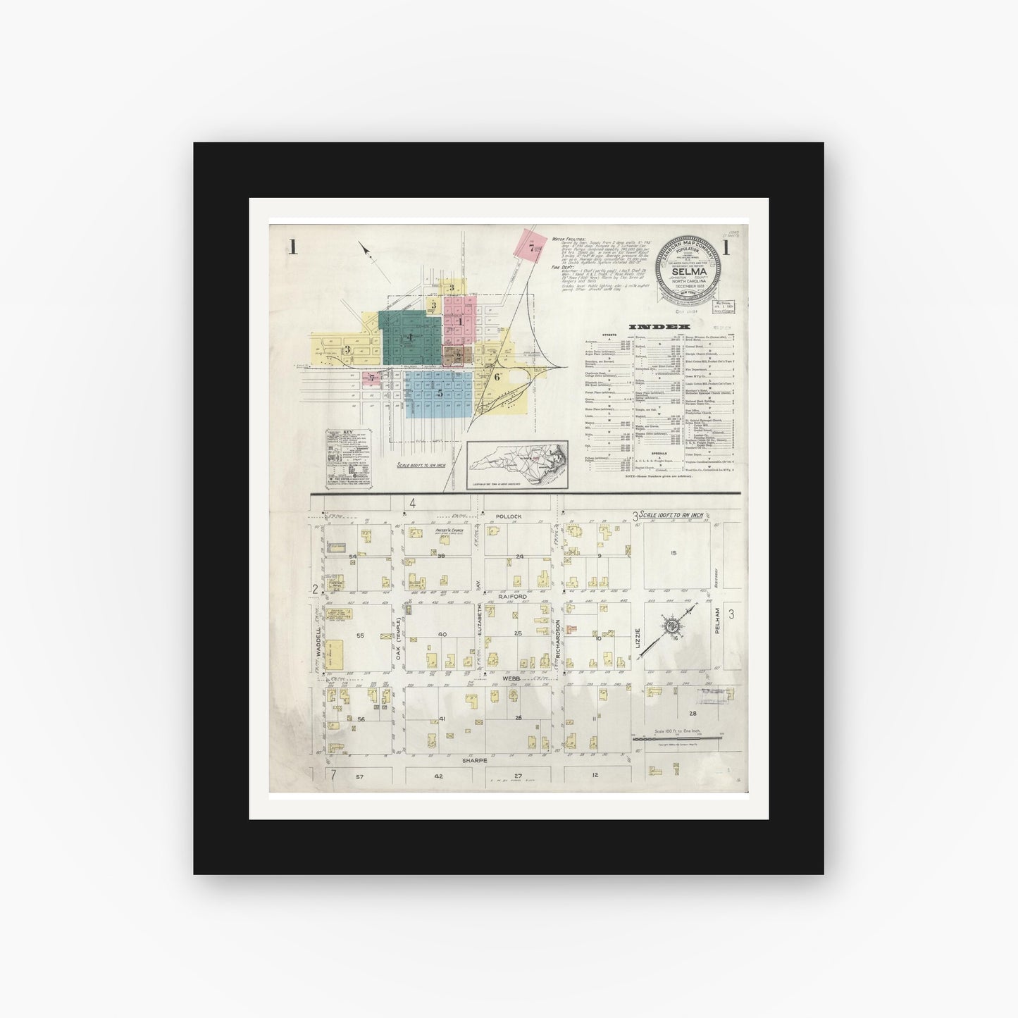 Old map wall art mockup — black gallery frame with white mat — Sanborn Fire Insurance Map from Selma, Johnston County, North Carolina (1923) - Complete Map Set