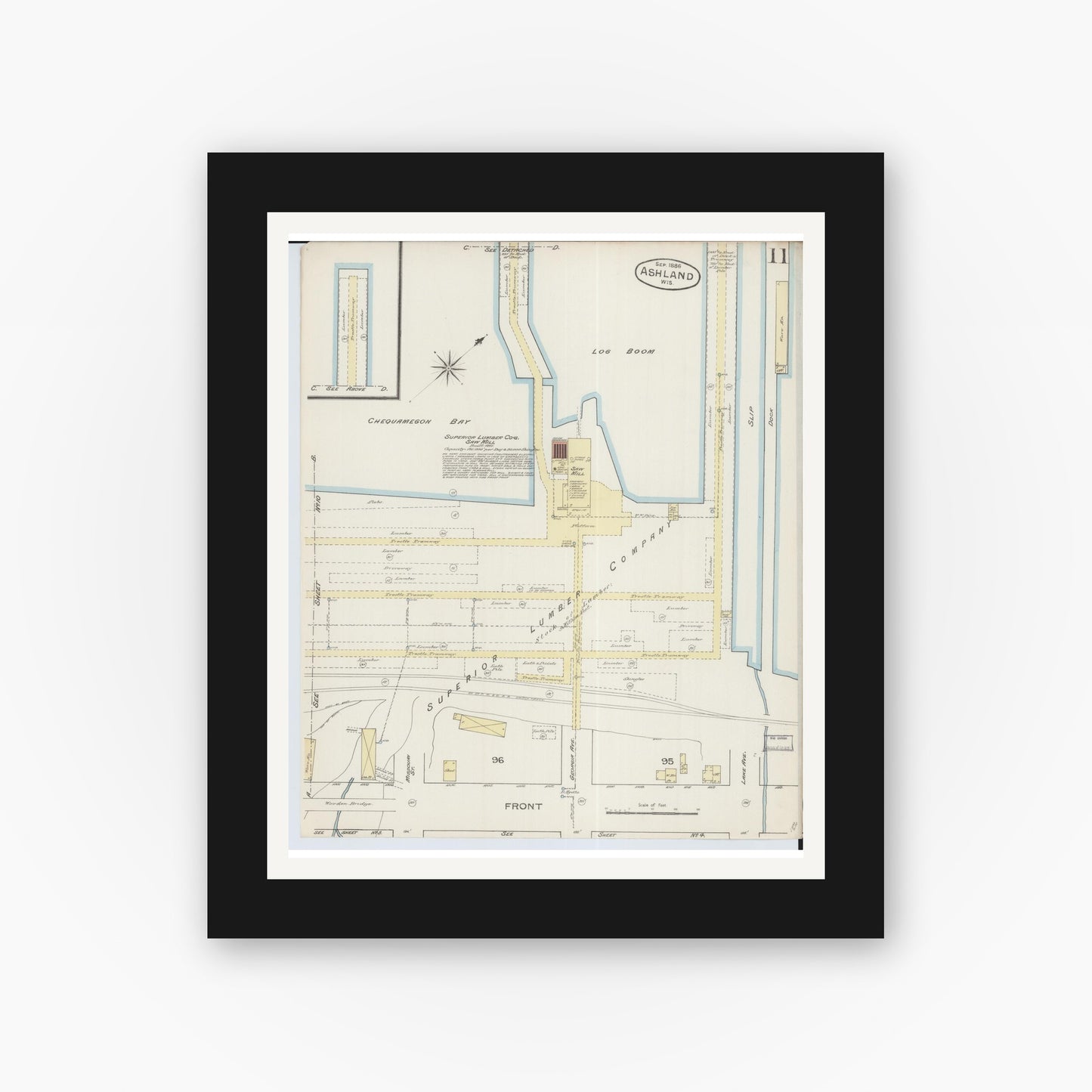 Old map wall art mockup — black gallery frame with white mat — Sanborn Fire Insurance Map from Ashland, Ashland County, Wisconsin (1886), Sheet #0011