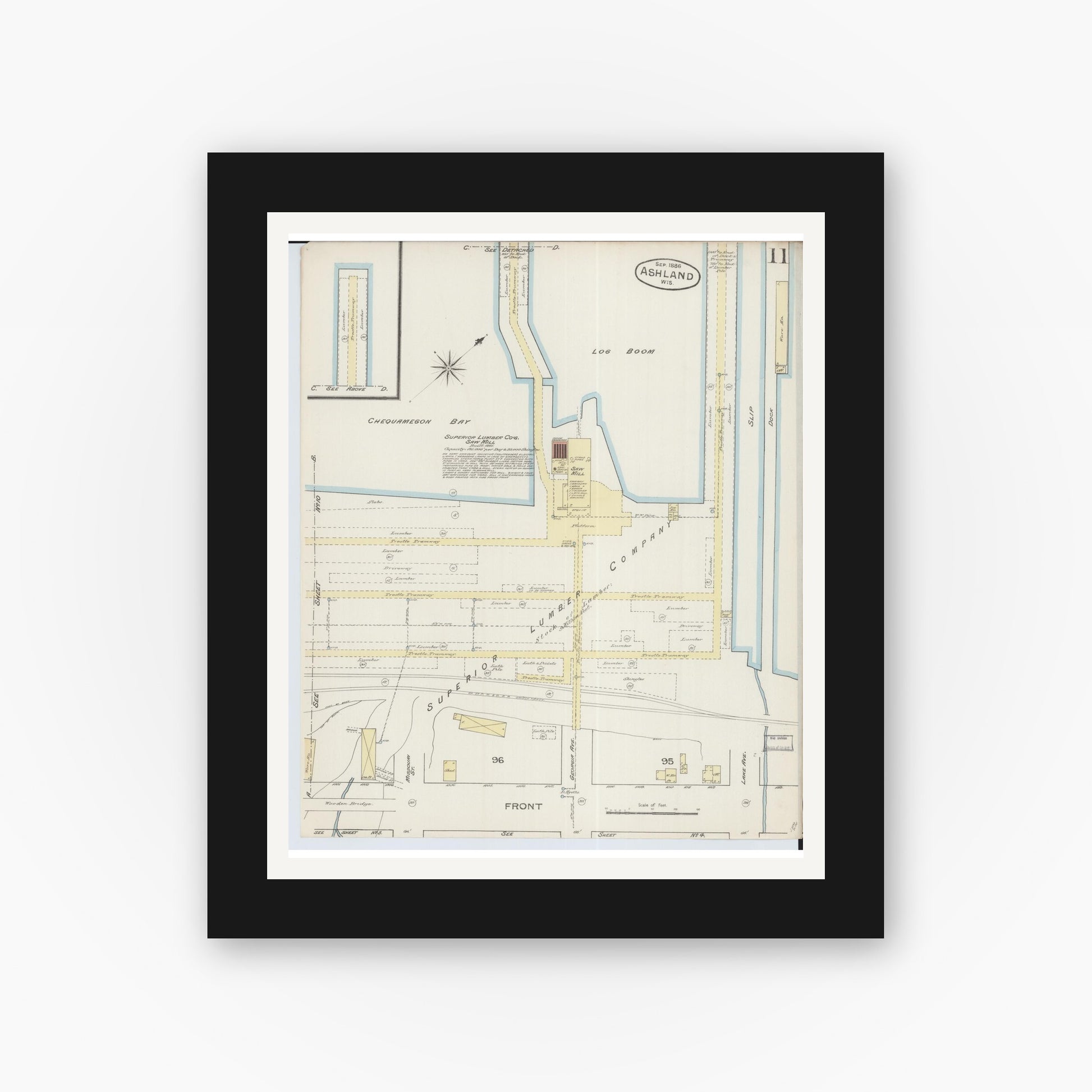 Old map wall art mockup — black gallery frame with white mat — Sanborn Fire Insurance Map from Ashland, Ashland County, Wisconsin (1886), Sheet #0011