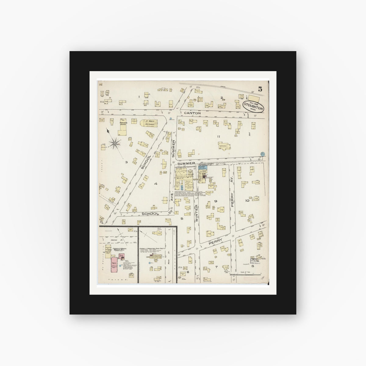 Old map wall art mockup — black gallery frame with white mat — Sanborn Fire Insurance Map from Stoughton, Norfolk County, Massachusetts (1885), Sheet #0005