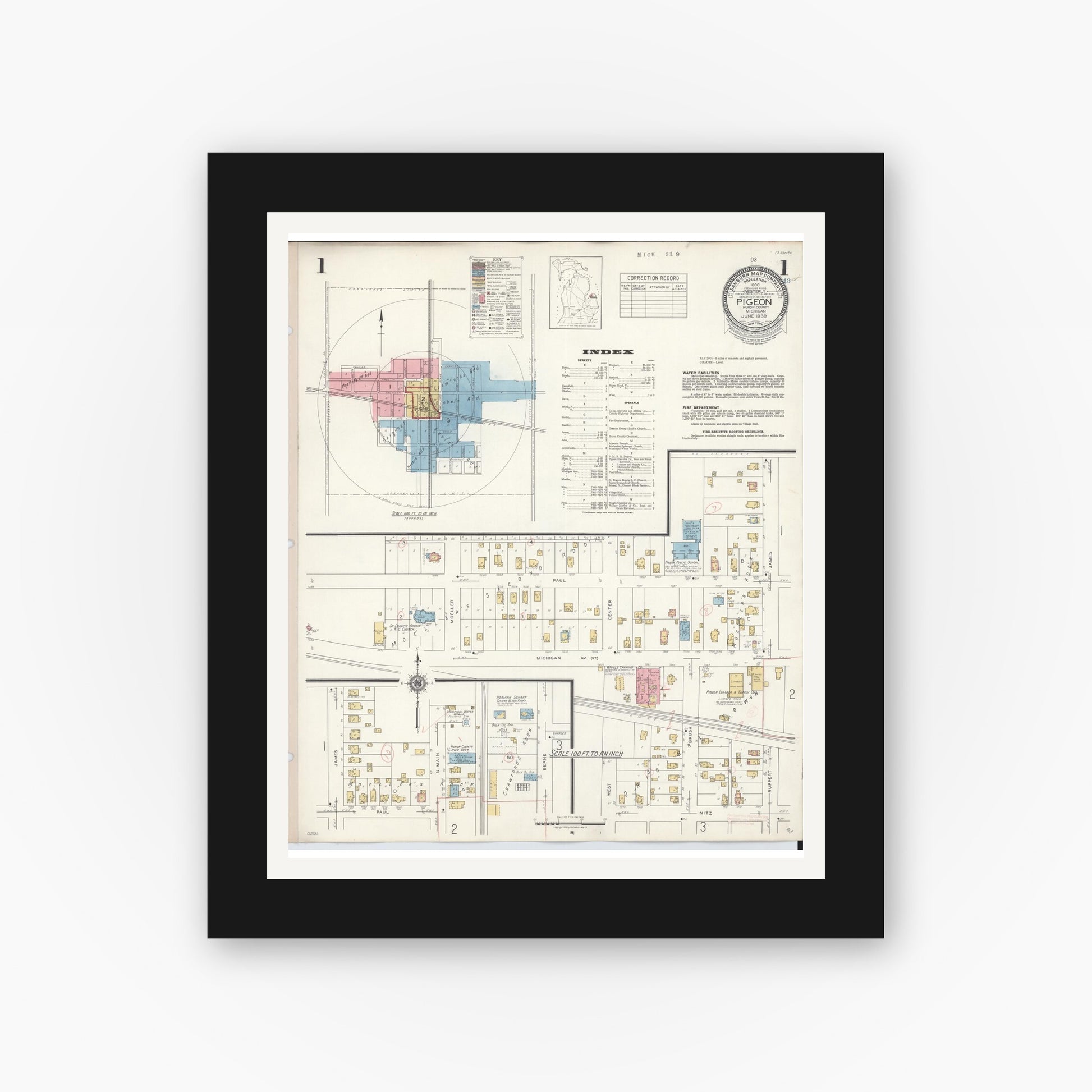 Old map wall art mockup — black gallery frame with white mat — Sanborn Fire Insurance Map from Pigeon, Huron County, Michigan (1939) - Complete Map Set