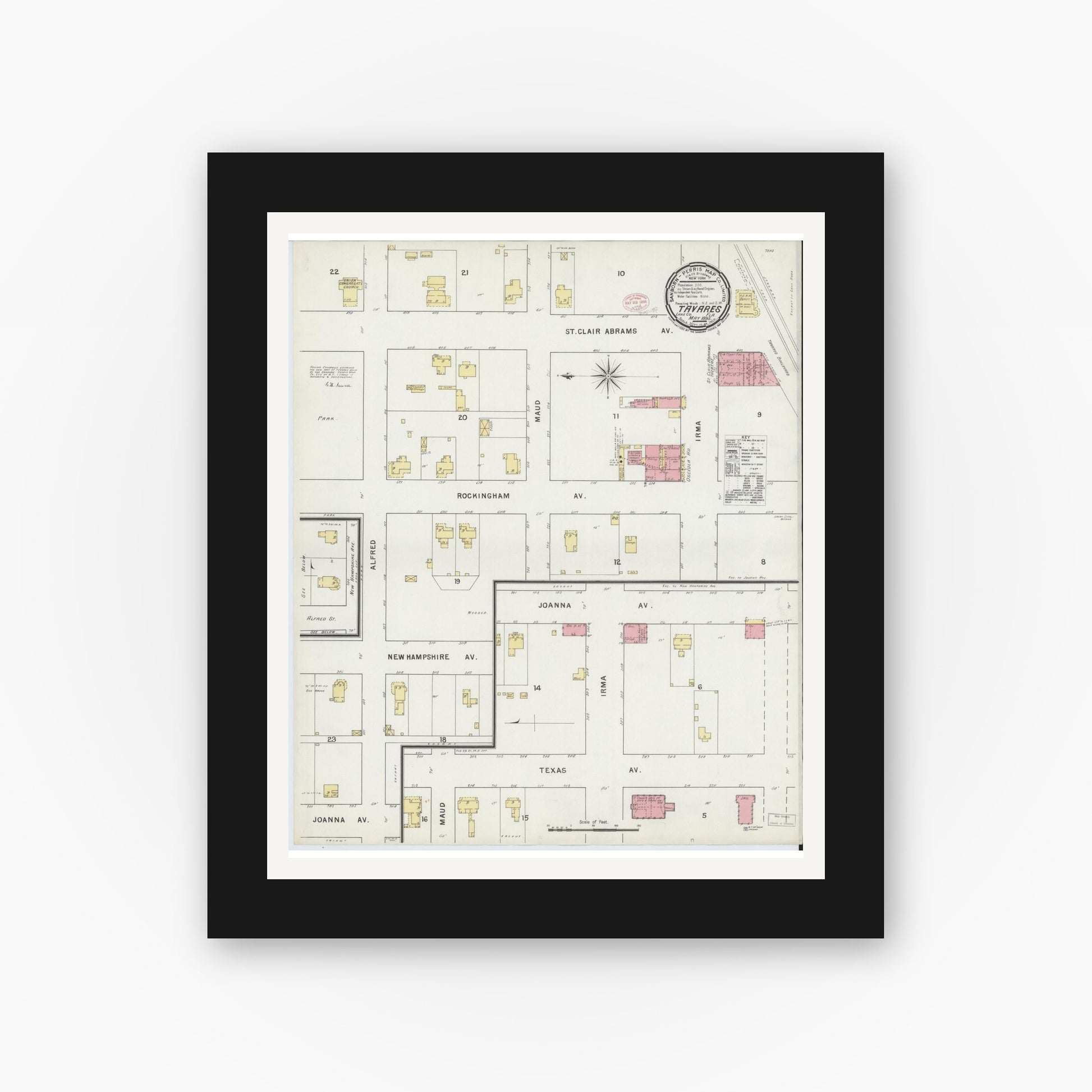 Old map wall art mockup — black gallery frame with white mat — Sanborn Fire Insurance Map from Tavares, Lake County, Florida (1895), Sheet #0001
