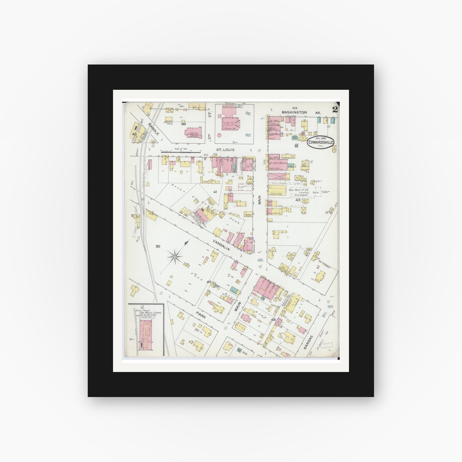 Old map wall art mockup — black gallery frame with white mat — Sanborn Fire Insurance Map from Edwardsville, Madison County, Illinois (1892), Sheet #0002